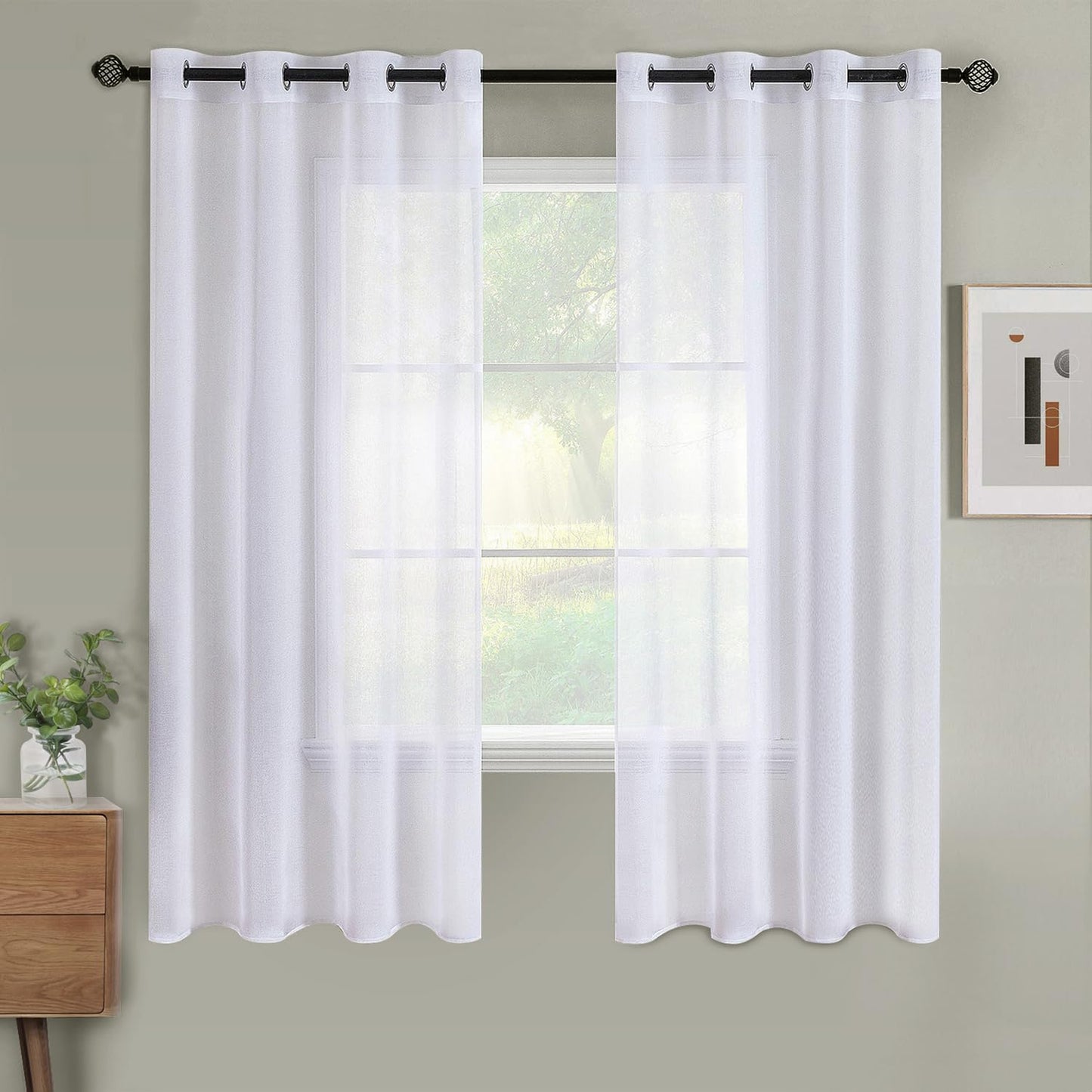 Woaboy Voile Curtains, Short Curtains, Transparent Living Room with Eyelets, Store Curtains for the Bedroom, Eyelet Curtain, Panel Curtain, Loop Curtains, Modern, Set of 2, 140 x 145 cm (W x H), Beige