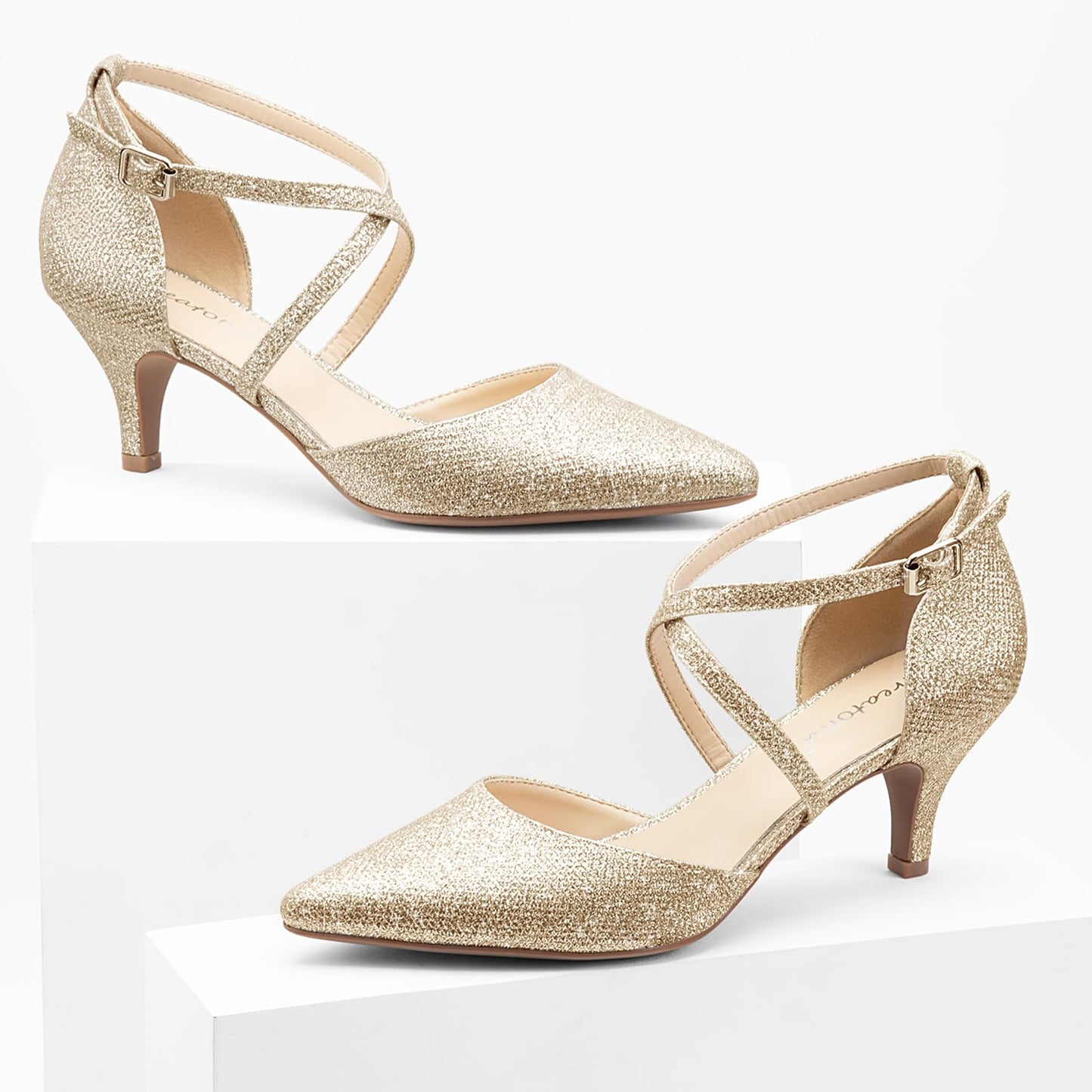 Greatonu Women's Pointed Toe Court Shoes with Ankle Strap and Kitten Heel