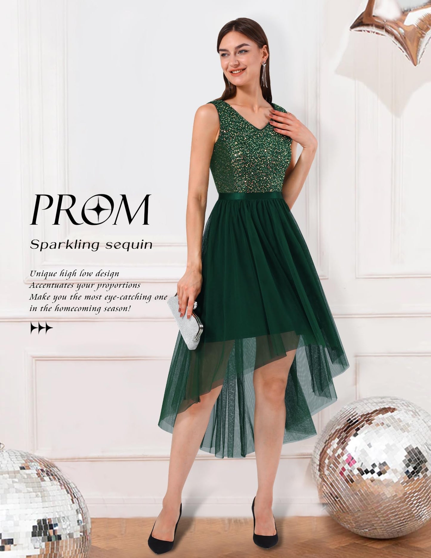 Berylove Kleid Festlich Damen Abendkleid mit Pailletten Cocktailkleid Ballkleid Lang Glitzer V Ausschnitt Ärmellos Tüllkleid