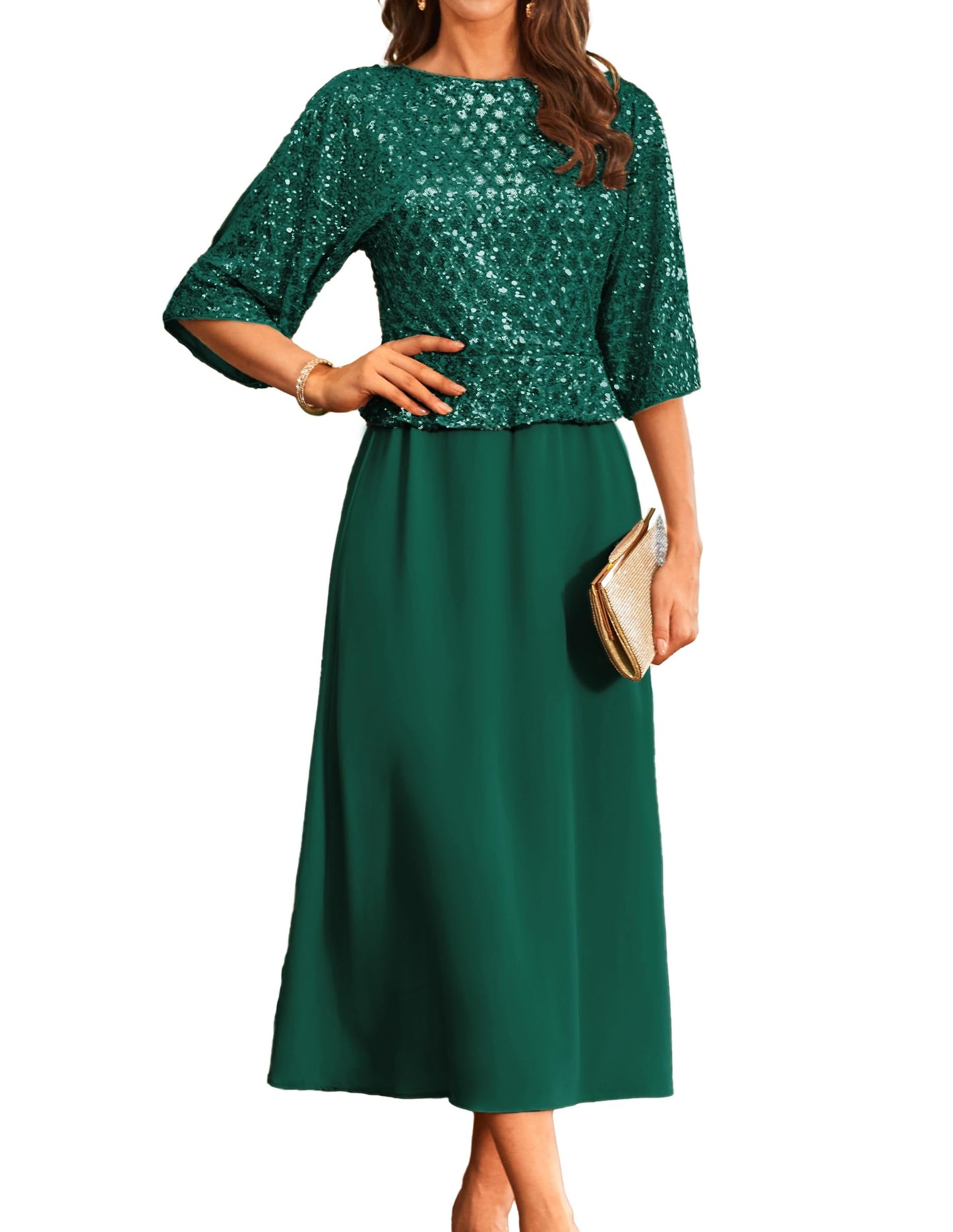 GRACE KARIN Cocktailkleid Damen Elegant Fledermaus Kleid 3/4 Ärmel A-Linie Glitzer Kleid Party Maxikleid