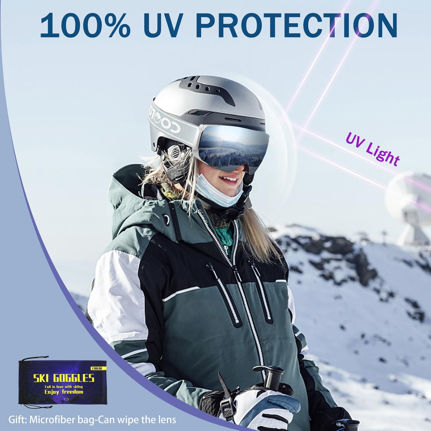 COOLOO Ski Goggles Men Women Teenagers Magnetic OTG Frameless Anti-Fog Protection with 100% UV Protection