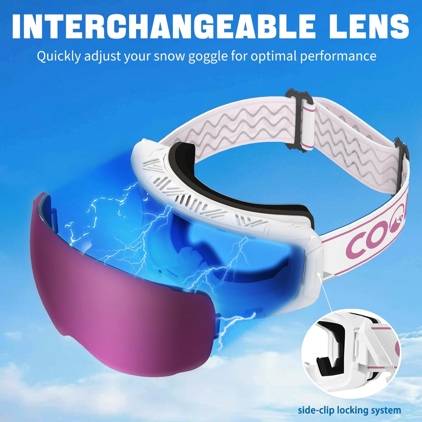 COOLOO Ski Goggles Men Women Teenagers Magnetic OTG Frameless Anti-Fog Protection with 100% UV Protection