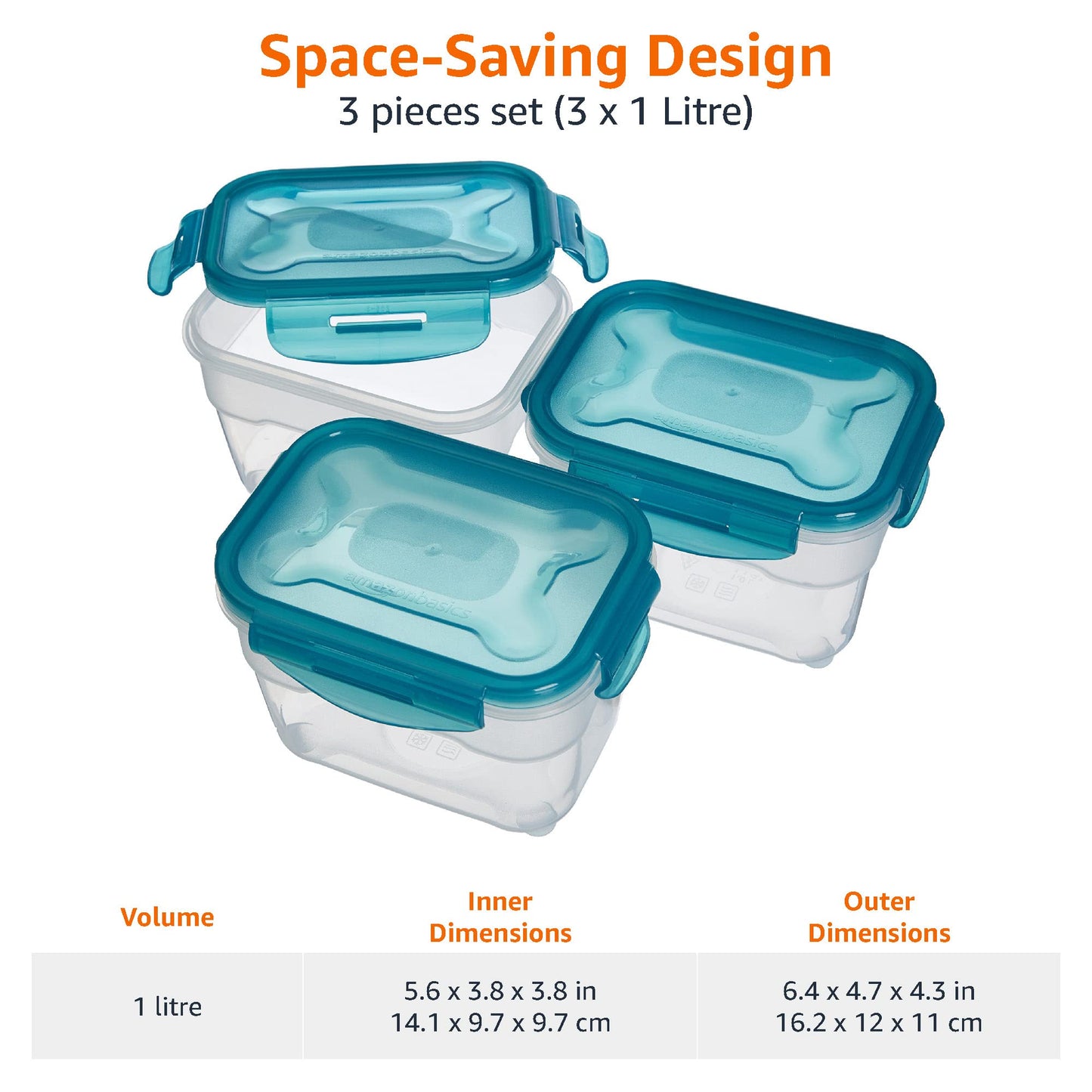 Amazon Basics Gefrierbehälter im Set, mit Deckel, luftdicht, auslaufsicher, stapelbar, für Kühlschrank/Gefriertruhe, BPA-frei, Kunststoff, mikrowellen- und spülmaschinenfest, 3 x 0.6 l, hellblau