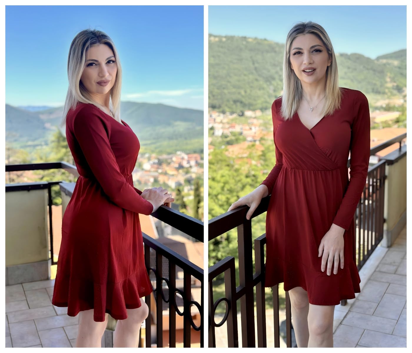 Zeagoo Kleid Damen Weihnachtskleid Elegant Winterkleid Festlich Paillettenkleid Langarm Partykleid V-Ausschnitt Rüschensaum Glitzerkleid Sparkly MidiKleid Cocktailkleid Ballkleid