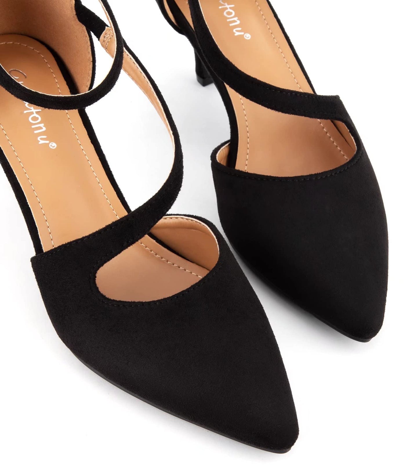 Greatonu Women's Pointed Toe Court Shoes with Ankle Strap and Kitten Heel