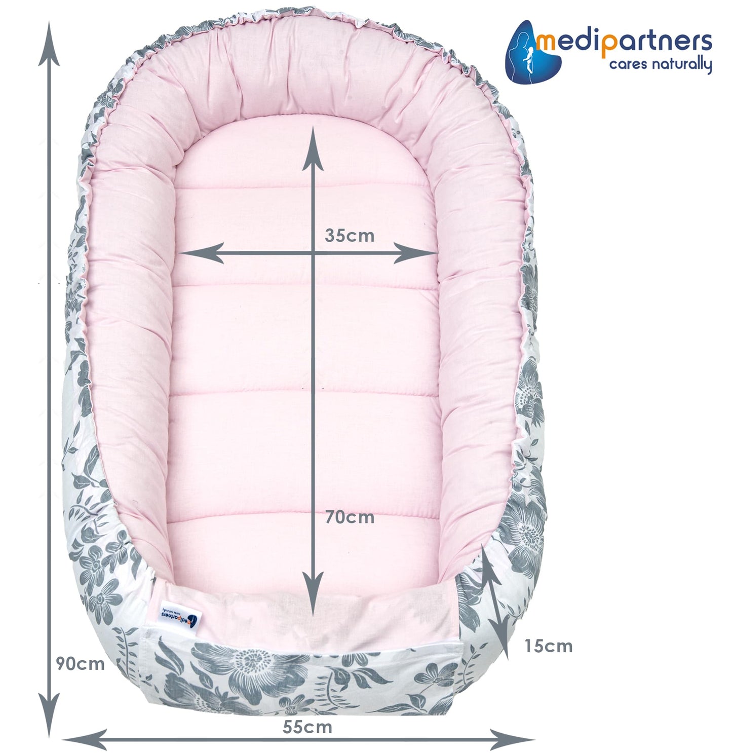 Medi Partners Babynest Nestchen Baby Set für Neugeborene - 100x60x15 Kuschelnest 5 teilig tragbar Nest zweiseitig Babynestchen Bett 100% Baumwolle (Lichtung mit grauem Minky)