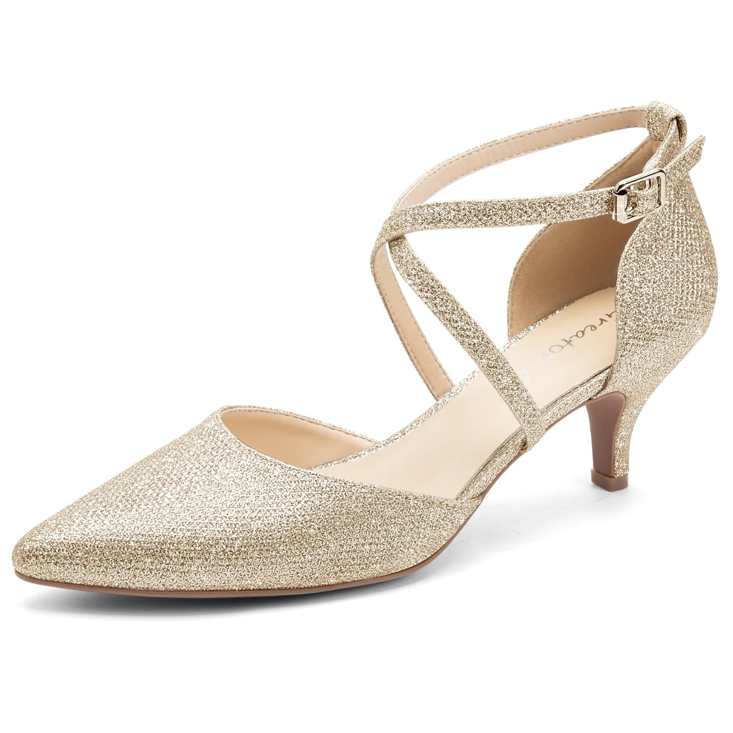 Greatonu Women's Pointed Toe Court Shoes with Ankle Strap and Kitten Heel