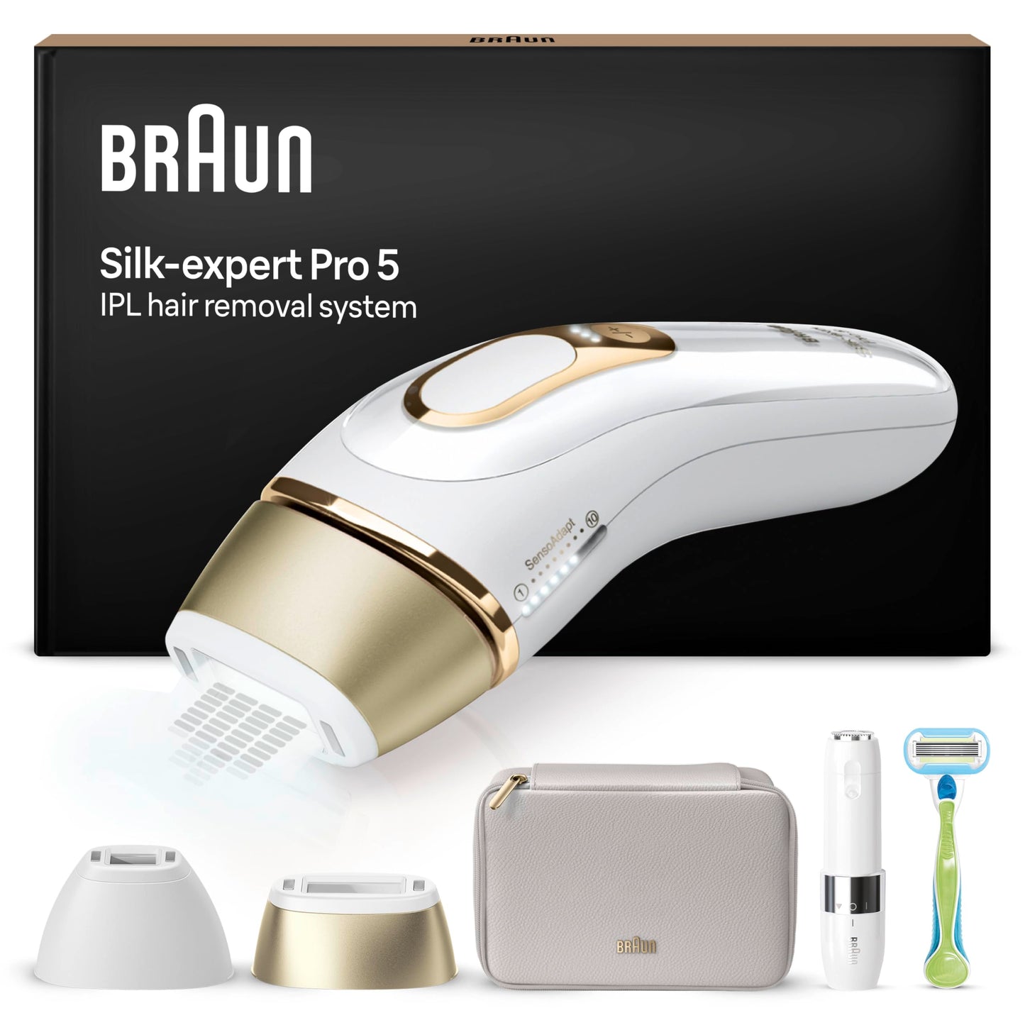 Braun IPL Silk Expert Pro 5 Haarentfernungsgerät Damen, sichtbare Haarentfernung, Designed In Germany, Venus Rasierer, 3 Aufsätze, Alternative zu Laser Haarentfernung, PL5262, weiß/gold