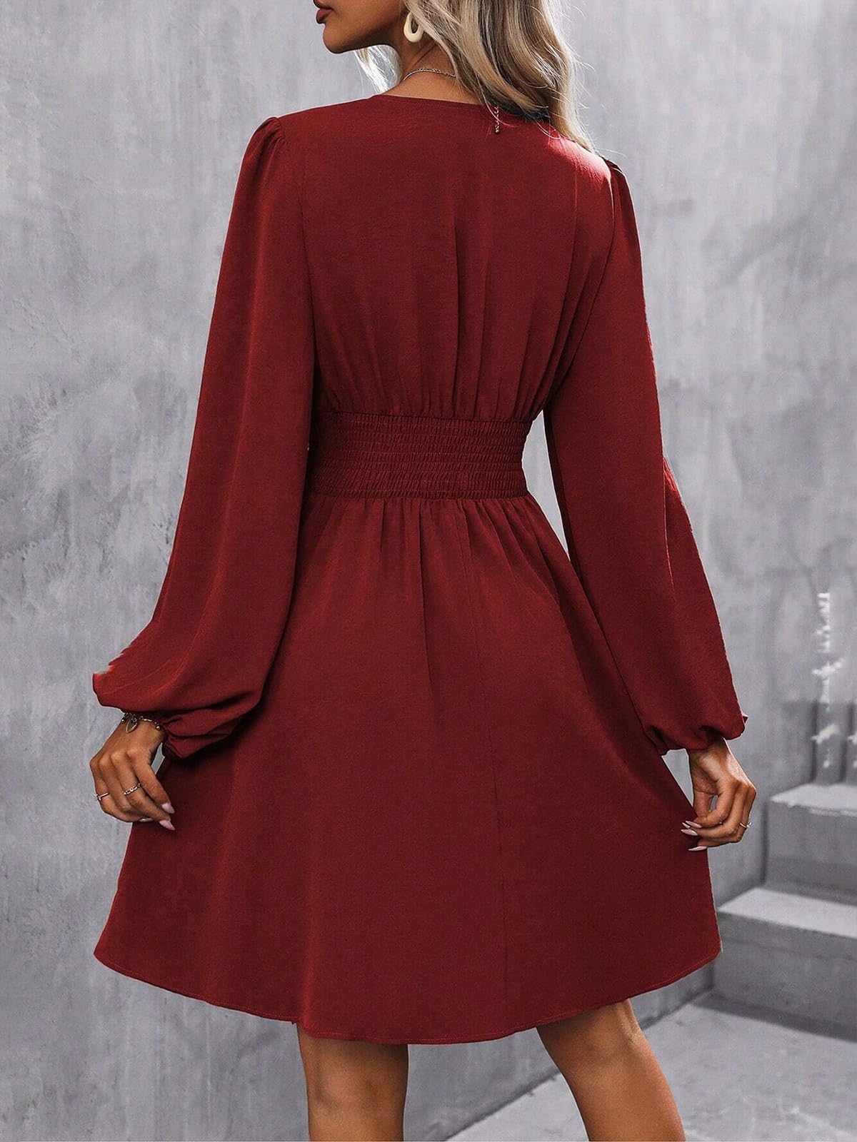 LIAMERHE Damen Elegant Kleid Langarm/Kurze Ärmel V-Ausschnitt Casual Kleider A-Linie Blumenmuster Minikleid Freizeitkleider Sommer Herbst Winter Laternenärmeln Kleid Partykleid