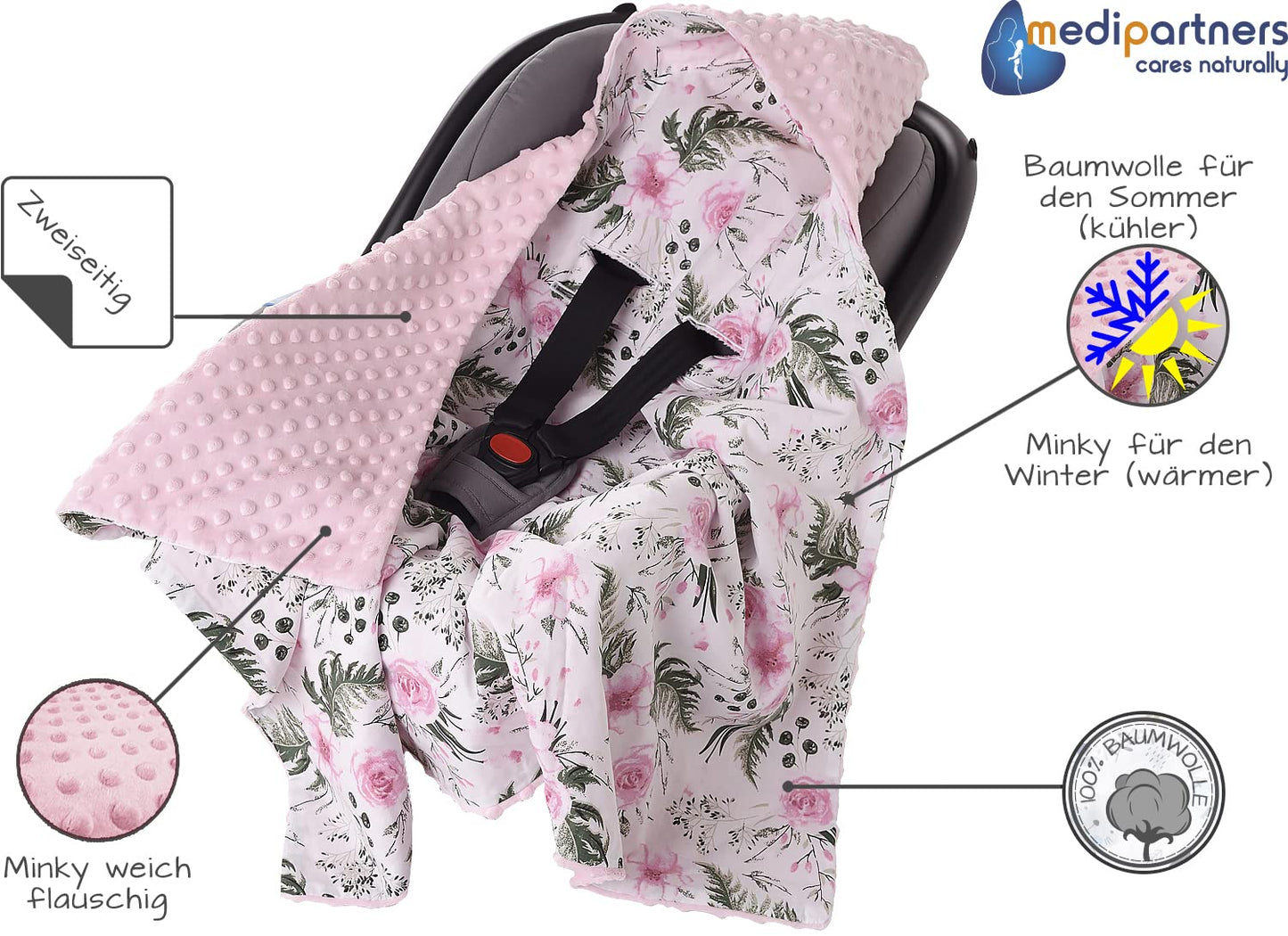 Medi Partners Einschlagdecke Baby Babyschale 100% Baumwolle für Sommer 85x85cm Kinderwagen Kuscheldecke universal Baby Decke Einschlagdecken Babydecke Buggy Autositz (weiße Sterne mit grauen Minky