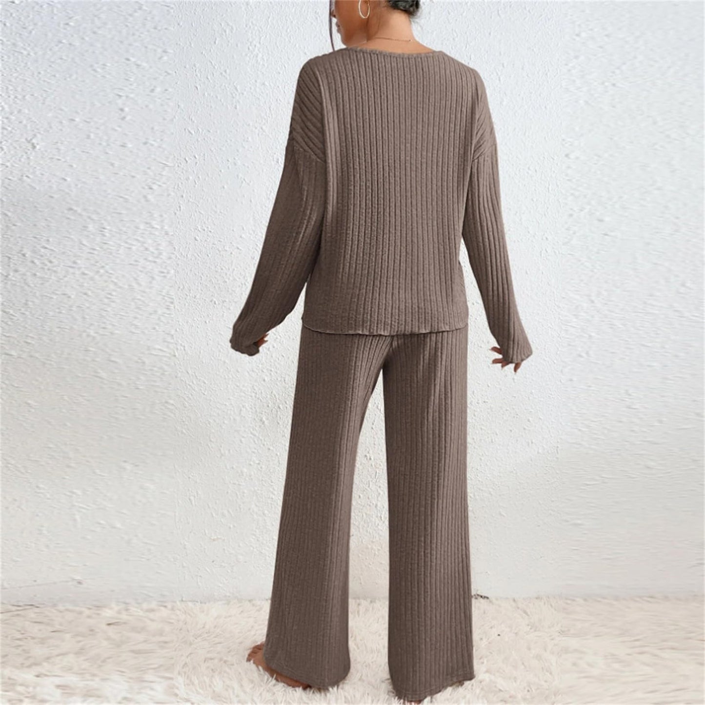 Hausanzug Damen Elegant Gestrickte Loungewear Einfarbig Strickanzug Langarm Schlafanzüge Zweiteiler V-Ausschnitt Homewear Locker Freizeitanzug Outfit Weites Bein Hose mit Taschen Lounge Set