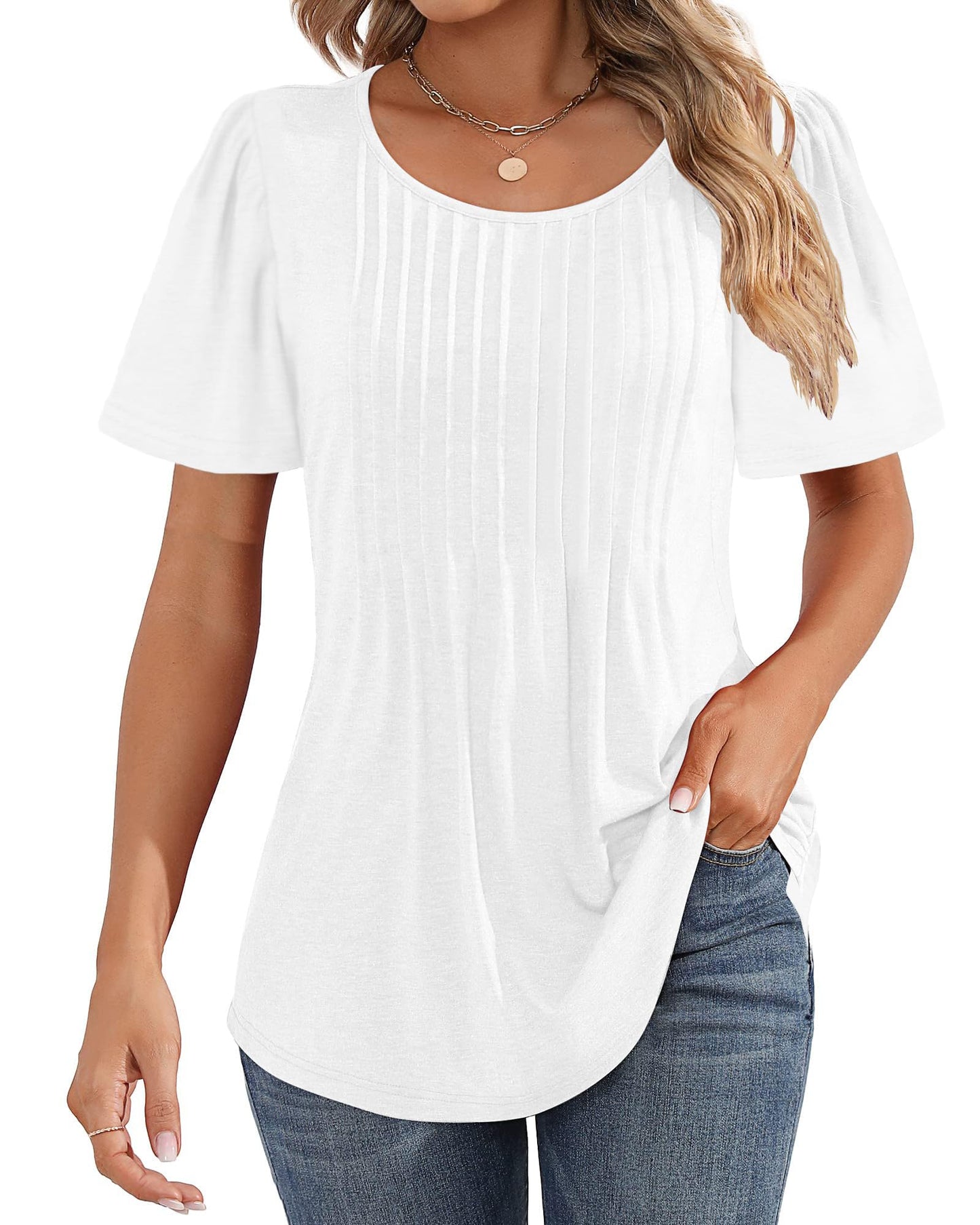 Cuptacc Tshirt Damen Rundhals Mit Falten Locker Puffärmel T-Shirt Elegant Kurzarm Geblümt/Einfarbig Top Damen
