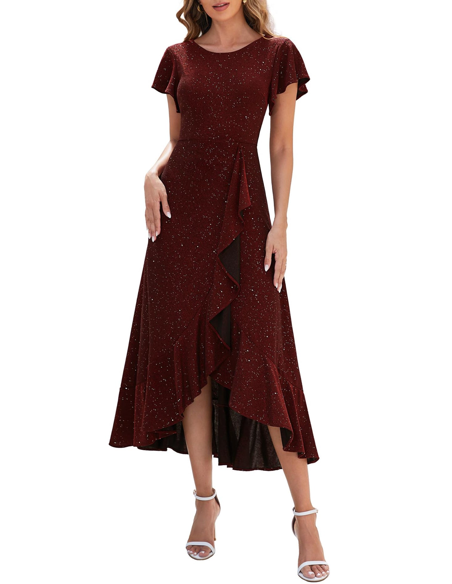Berylove Damen Abendkleid Lang Glitzer Ballkleid mit Rüschen Saum Kleid Festliche Kleider für Hochzeit Partykleid