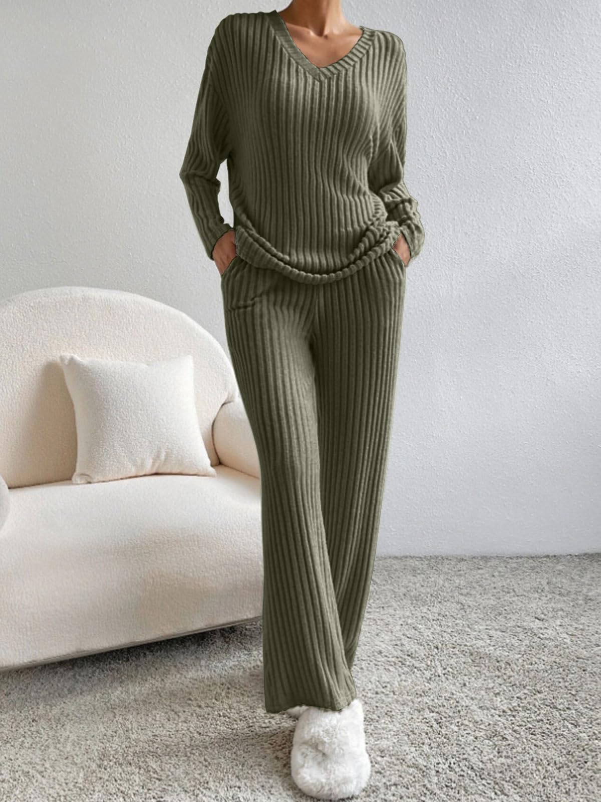 CheChury Zweiteiler Damen Lounge Set V-Ausschnitt Einfarbig Loungewear Gerippt Shirt Top Langärm mit Hose 2-Teiliges Hausanzug Jogginganzug Loungewear Nachtwäsche Hauskleidung Freizeit Outfit