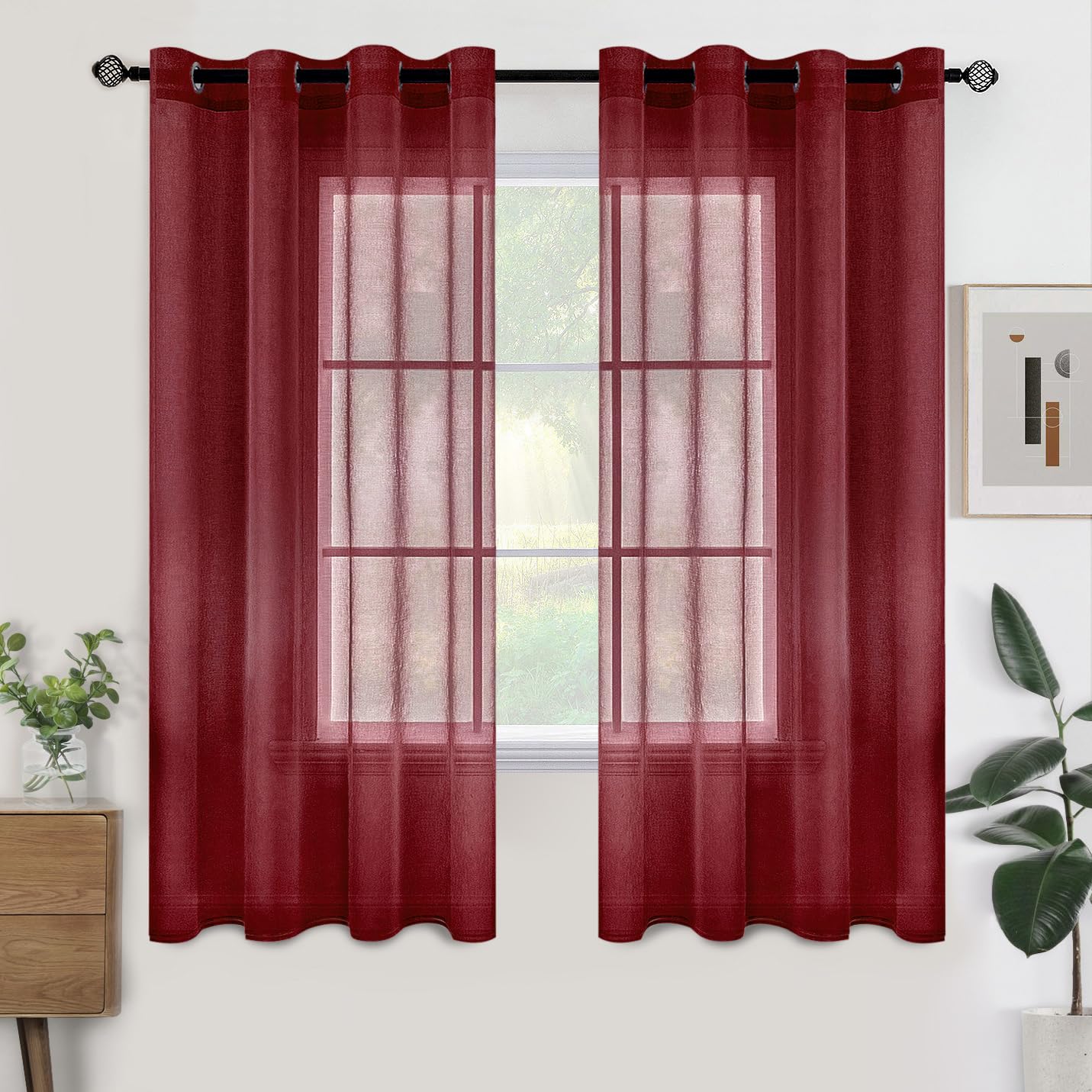 Woaboy Voile Curtains, Short Curtains, Transparent Living Room with Eyelets, Store Curtains for the Bedroom, Eyelet Curtain, Panel Curtain, Loop Curtains, Modern, Set of 2, 140 x 145 cm (W x H), Beige