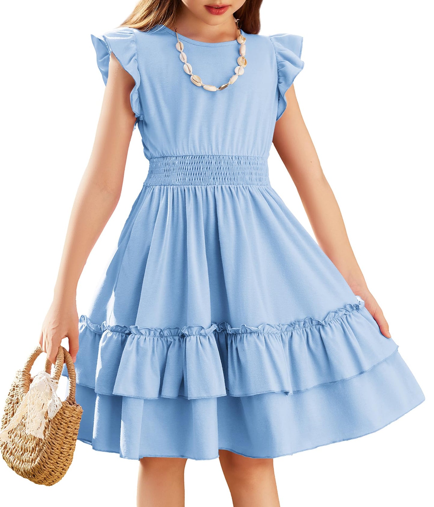 Arshiner Mädchen Kleider Flatterärmel Kinder Sommer Baumwolle Festliche Kleid A-Linie Taille Einschnüren Freizeitkleid Swingkleid Elegant ärmelloses Kleid für Mädchen 5-13 Jahre