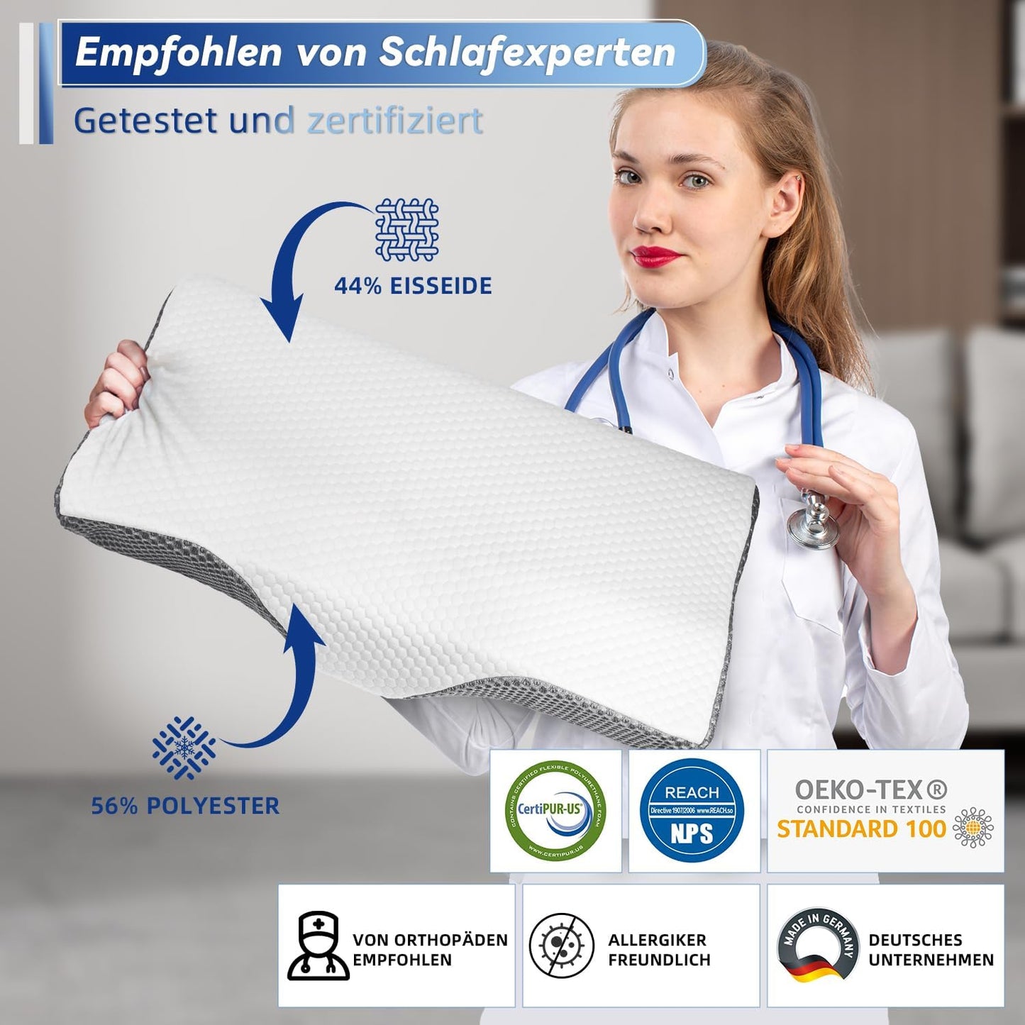 IDEA Kopfkissen Nackenschmerzen, Ergonomisches Orthopädisches Kissen Nackenkissen, Memory Foam Kissen für Seiten, Rücken& Bauchschläfer, Antischnarchkissen für Männer Frauen (62 * 34.5 * 12/8CM)