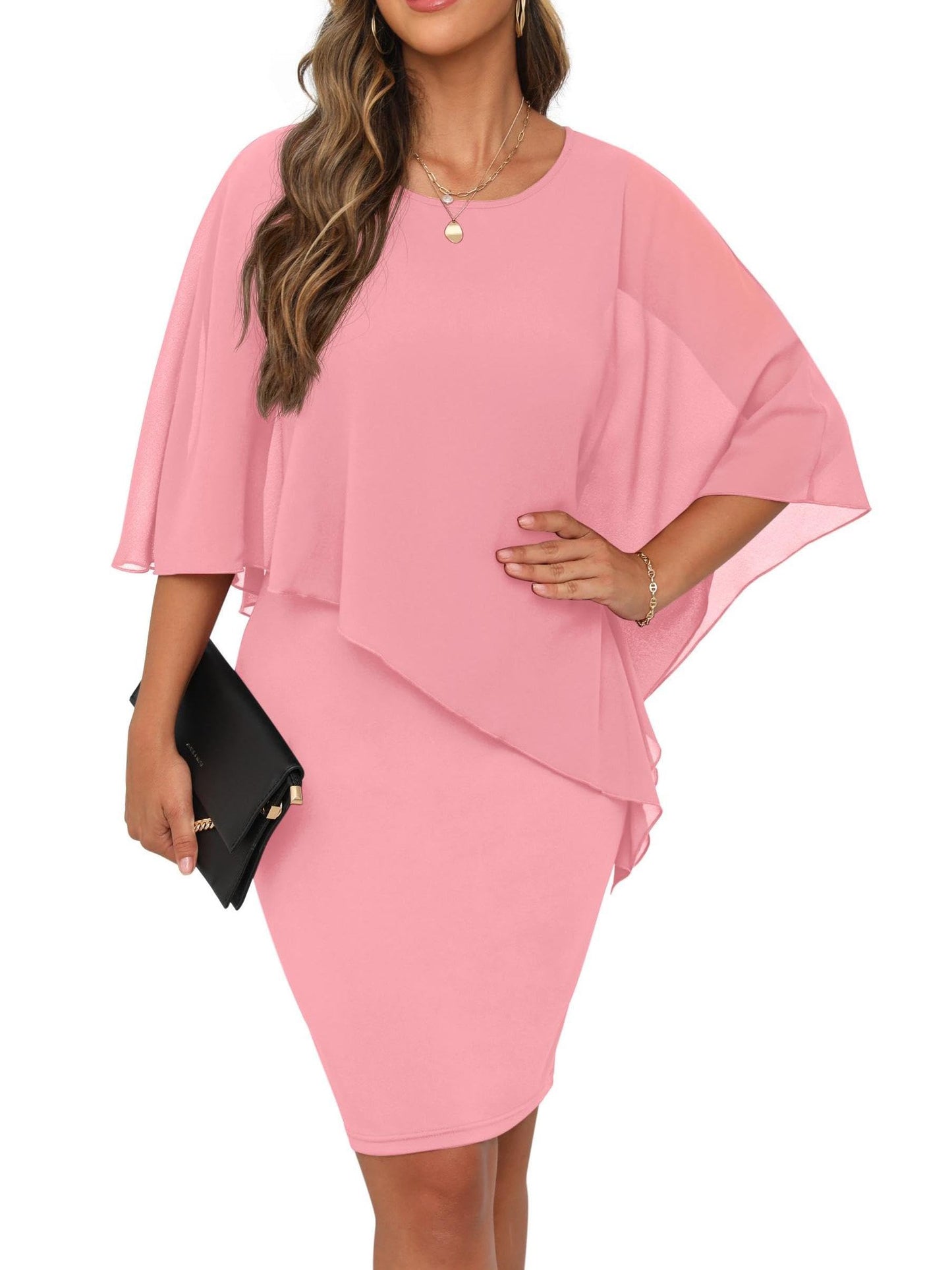 QIXING Damen Chiffon Cape Cocktialkleid Rundhals Ausschnitt Bleistiftkleid Sommerkleid Damen Knielang Elegant Abendkleid Mit Overlay Casual Bodycon Kleider
