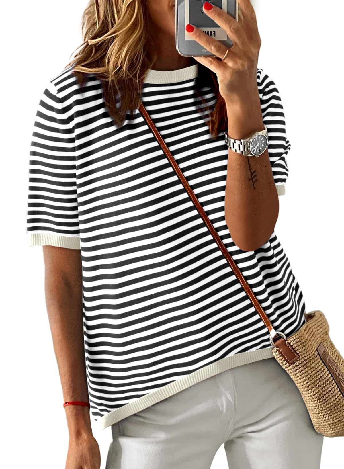Cuptacc Tshirt Damen Baumwolle Shirt Damen Oberteile Sommer Gestreiftes Rundhals Basic Tops Kurzarm Tunika Damen Blusen Elegant Weiß Schwarz