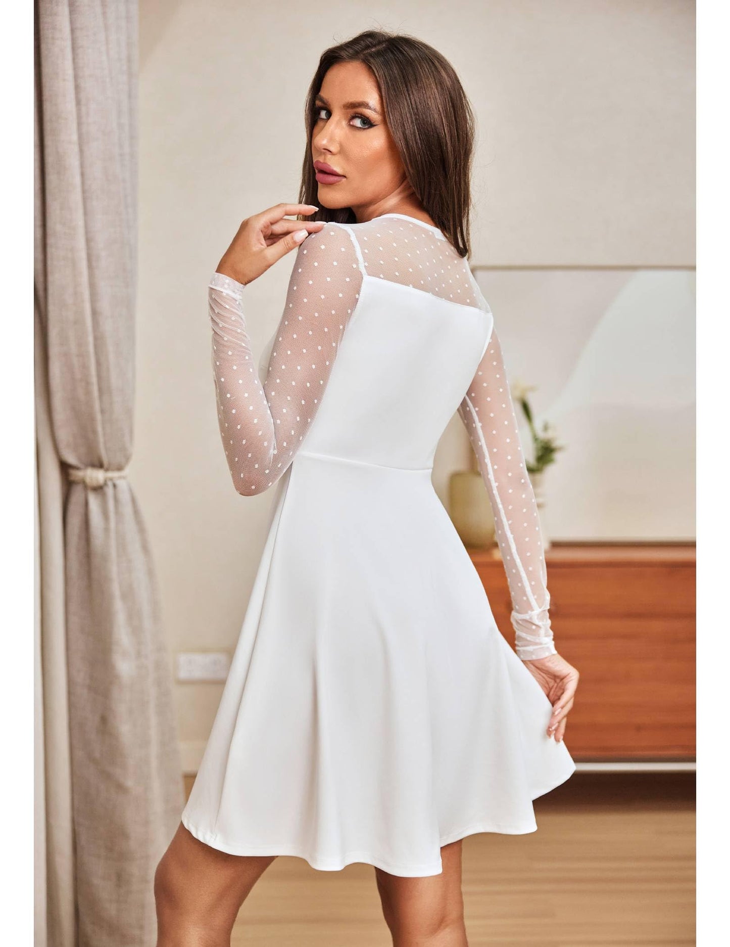 Zeagoo Kleid Damen Elegant Spitze A Linie Partykleid Hohe Taille Cocktailkleid Minikleid Festliches Kleid Einfarbig Mesh Kleid Sexy Swing Kleider S-XXL