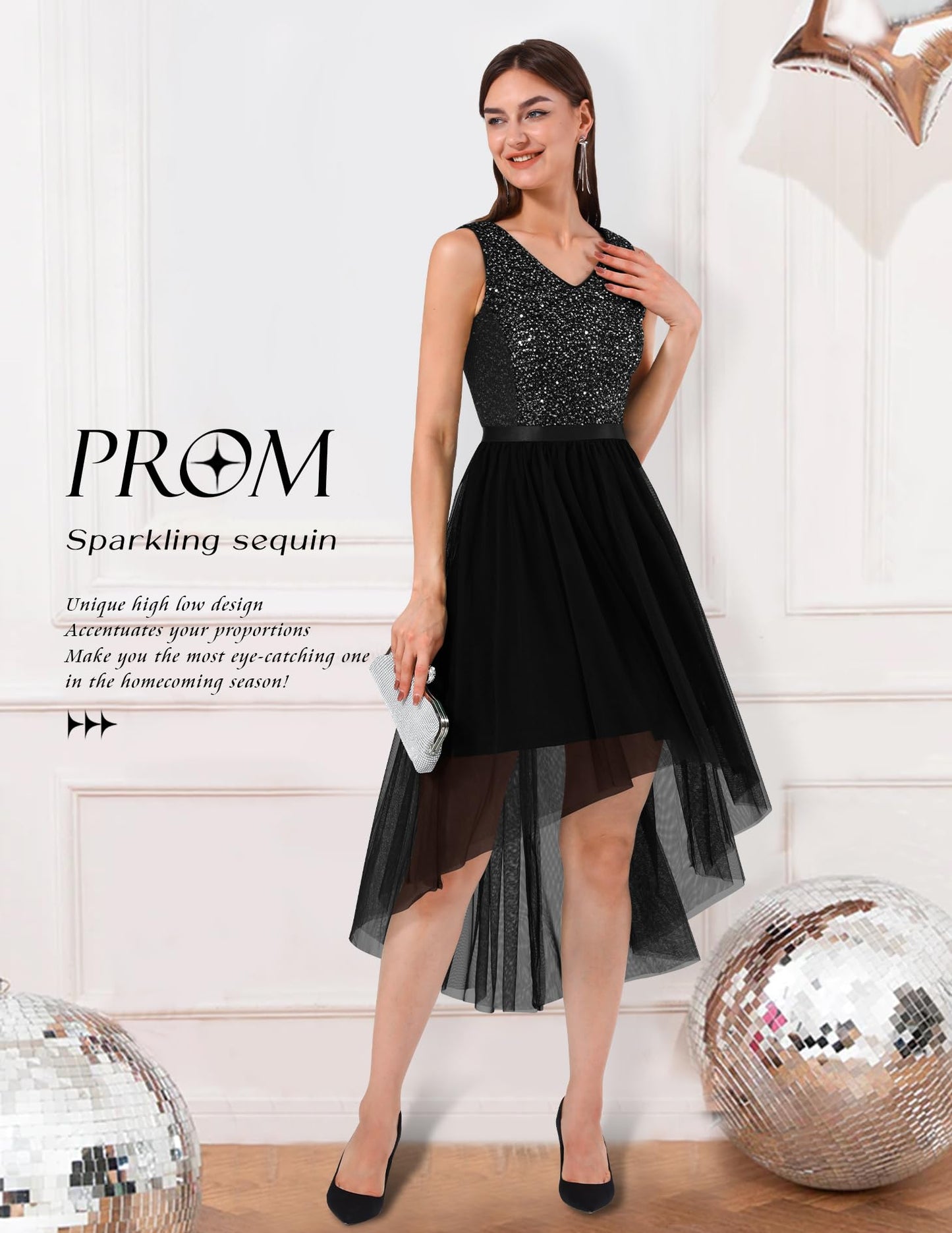 Berylove Kleid Festlich Damen Abendkleid mit Pailletten Cocktailkleid Ballkleid Lang Glitzer V Ausschnitt Ärmellos Tüllkleid