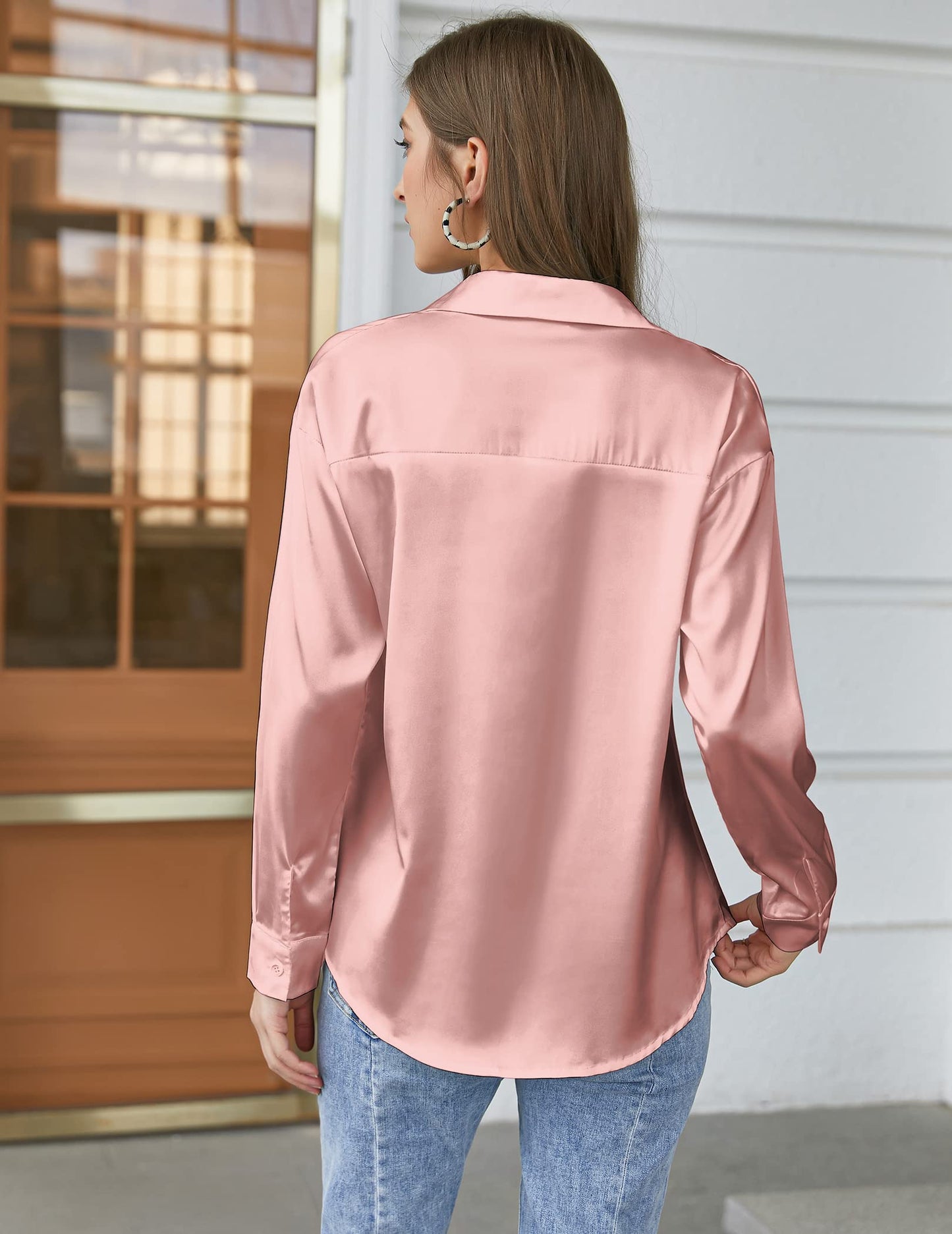 Beyove Damen Bluse Satin Seide V-Ausschnitt Hemden Elegant Langarm Business Oberteile mit Knöpfen Tops Lose Langarmshirt