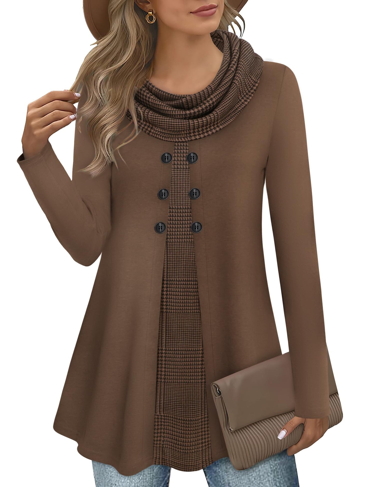 Gaharu Damen Tunika Langarm Elegant Pullover Lang Sweatshirt Schalkragen Patchwork Pulli