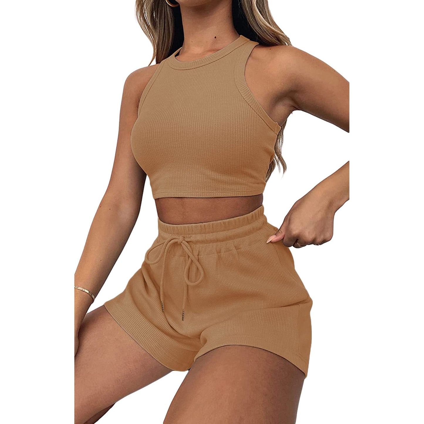 Geagodelia Damen Zweiteiler Sommer Hosenanzug Elegant Outfits Kleidung 2 Teiler Set Crop Tank Top + Shorts Y2k Aesthetic Clothes Workout Sport Anzug