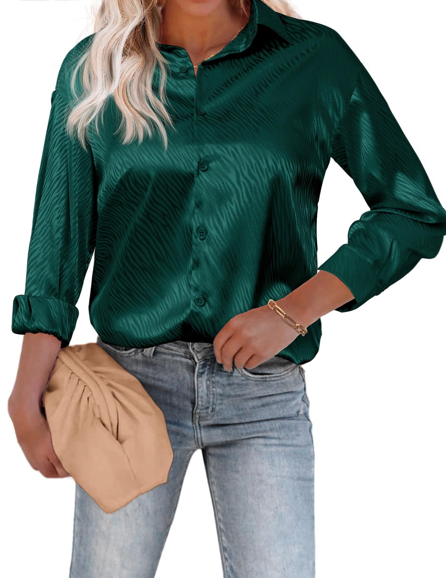 Beyove Damen Bluse Satin Seide V-Ausschnitt Hemden Elegant Langarm Business Oberteile mit Knöpfen Tops Lose Langarmshirt