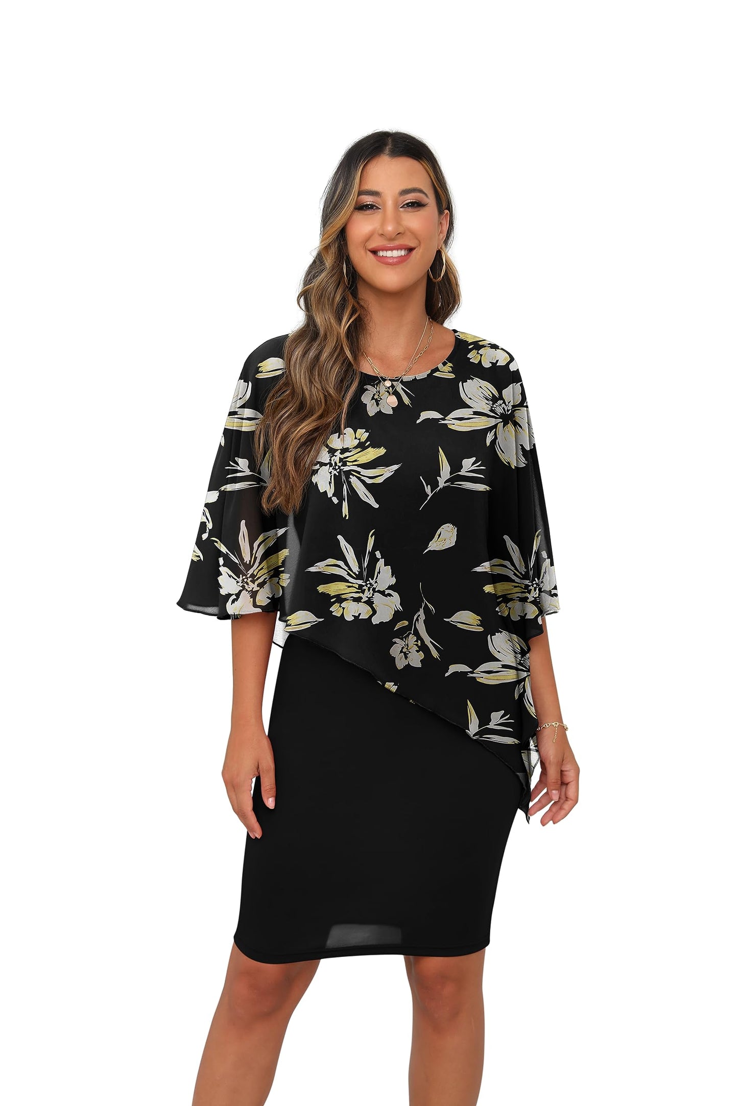 QIXING Damen Chiffon Cape Cocktialkleid Rundhals Ausschnitt Bleistiftkleid Sommerkleid Damen Knielang Elegant Abendkleid Mit Overlay Casual Bodycon Kleider