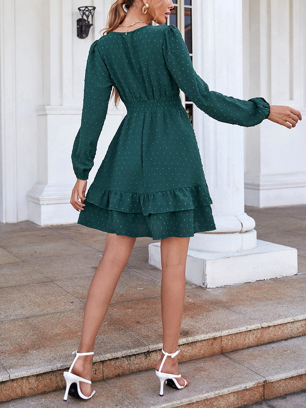 Vangreynve Damen Minikleid V-Ausschnitt A-Linie Kleider Elegant Hohe Taille Langarm Freizeitkleid