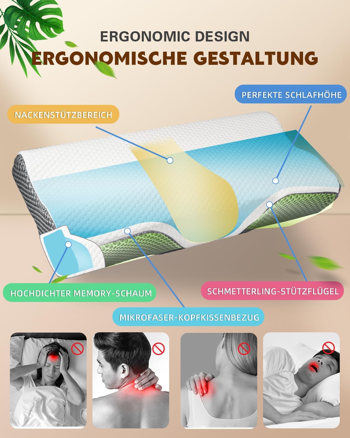 IDEA Kopfkissen Nackenschmerzen, Ergonomisches Orthopädisches Kissen Nackenkissen, Memory Foam Kissen für Seiten, Rücken& Bauchschläfer, Antischnarchkissen für Männer Frauen (62 * 34.5 * 12/8CM)