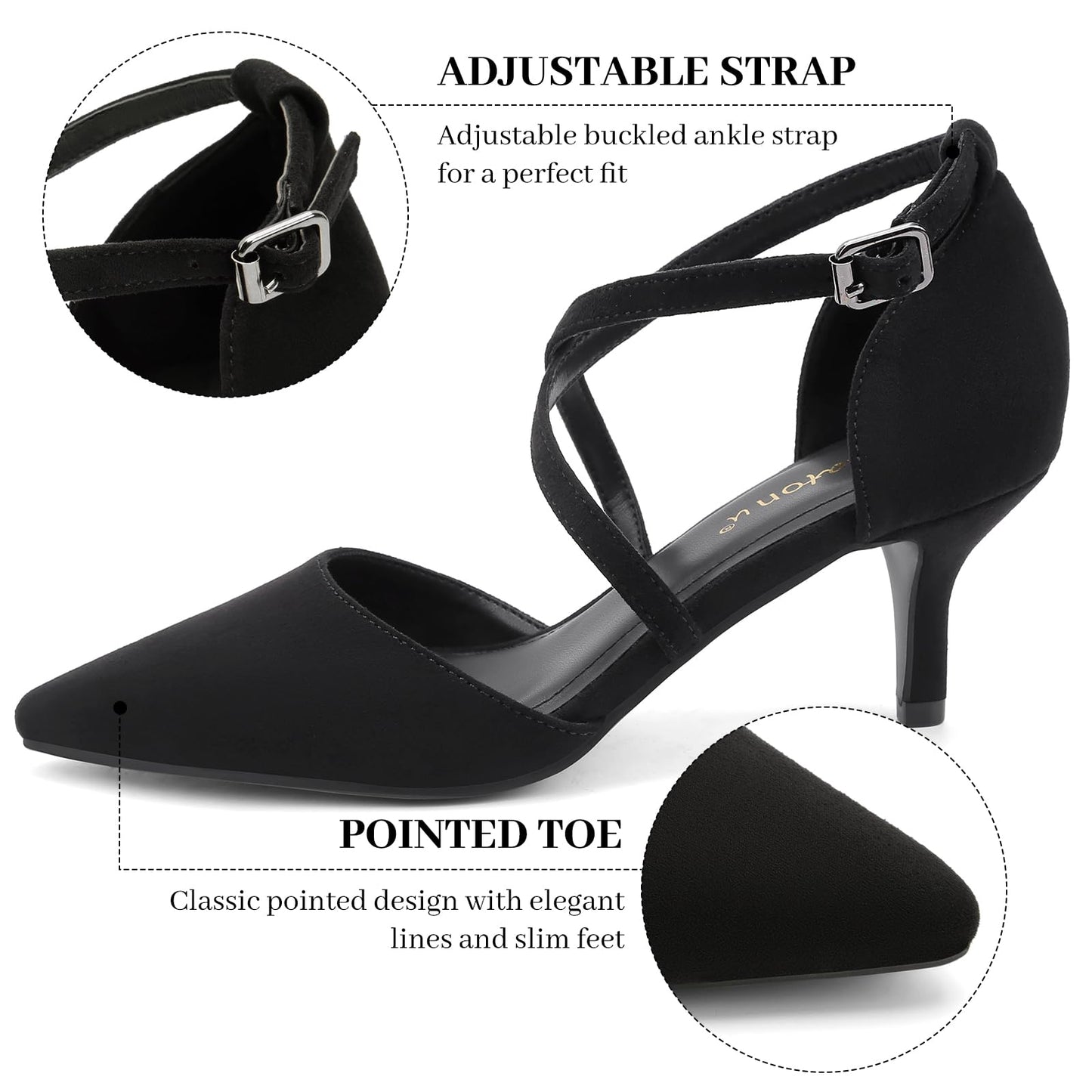 Greatonu Women's Pointed Toe Court Shoes with Ankle Strap and Kitten Heel