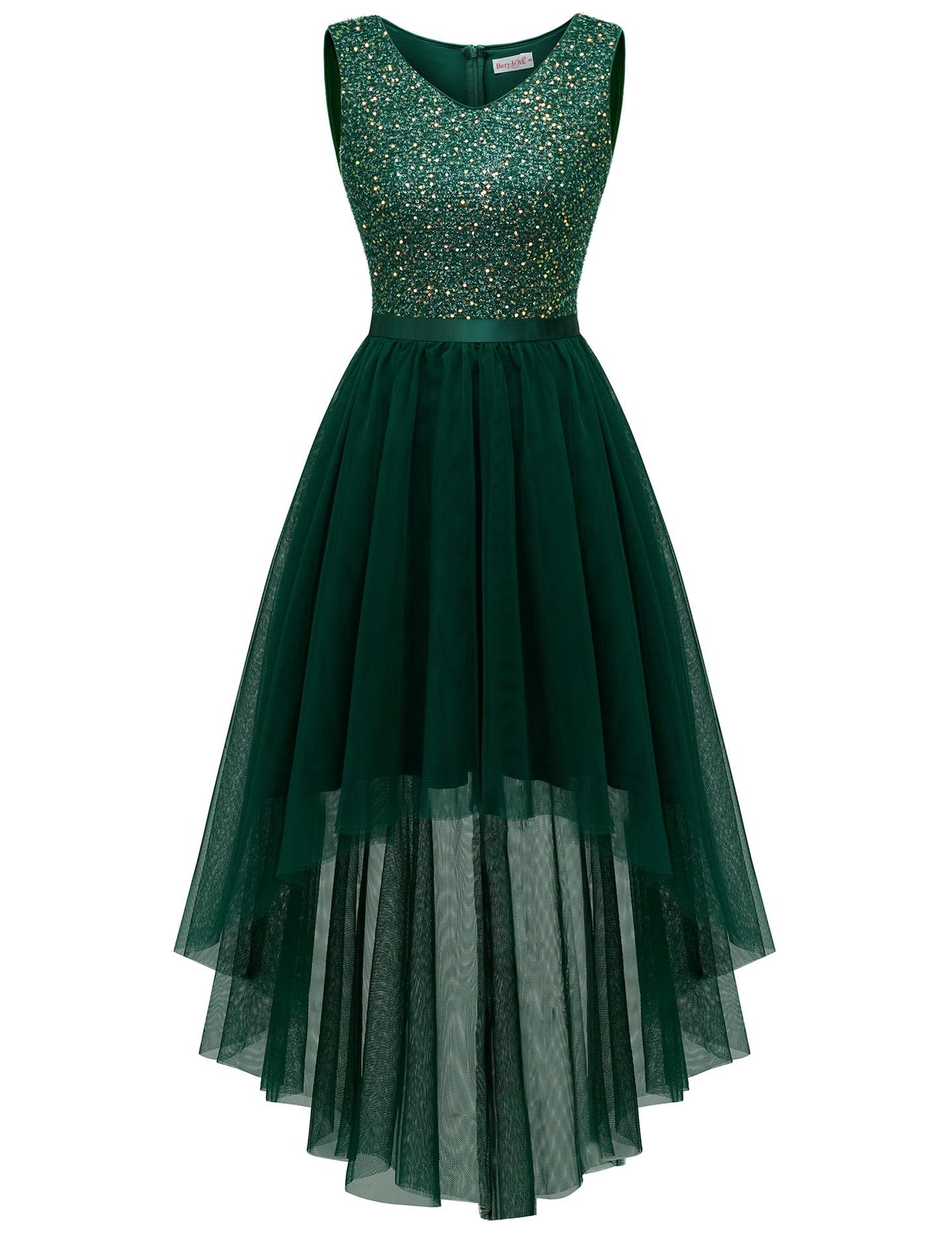 Berylove Kleid Festlich Damen Abendkleid mit Pailletten Cocktailkleid Ballkleid Lang Glitzer V Ausschnitt Ärmellos Tüllkleid