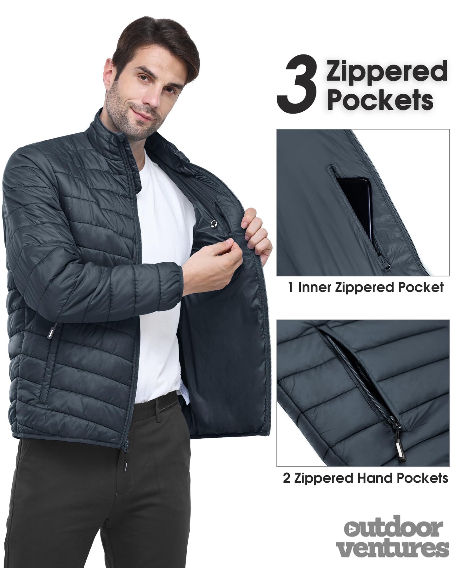 Outdoor Ventures Herren Steppjacke Packbare Leichte Warme Übergangsjacke Herren Wasserfeste Pufferjacke mit 3 Taschen für Outdoor Casual Wandern