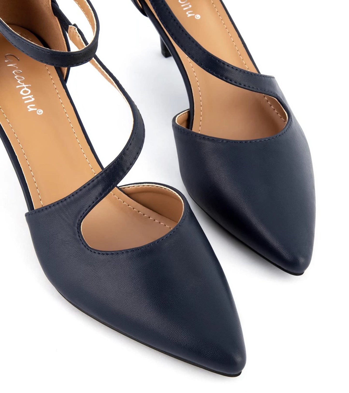 Greatonu Women's Pointed Toe Court Shoes with Ankle Strap and Kitten Heel