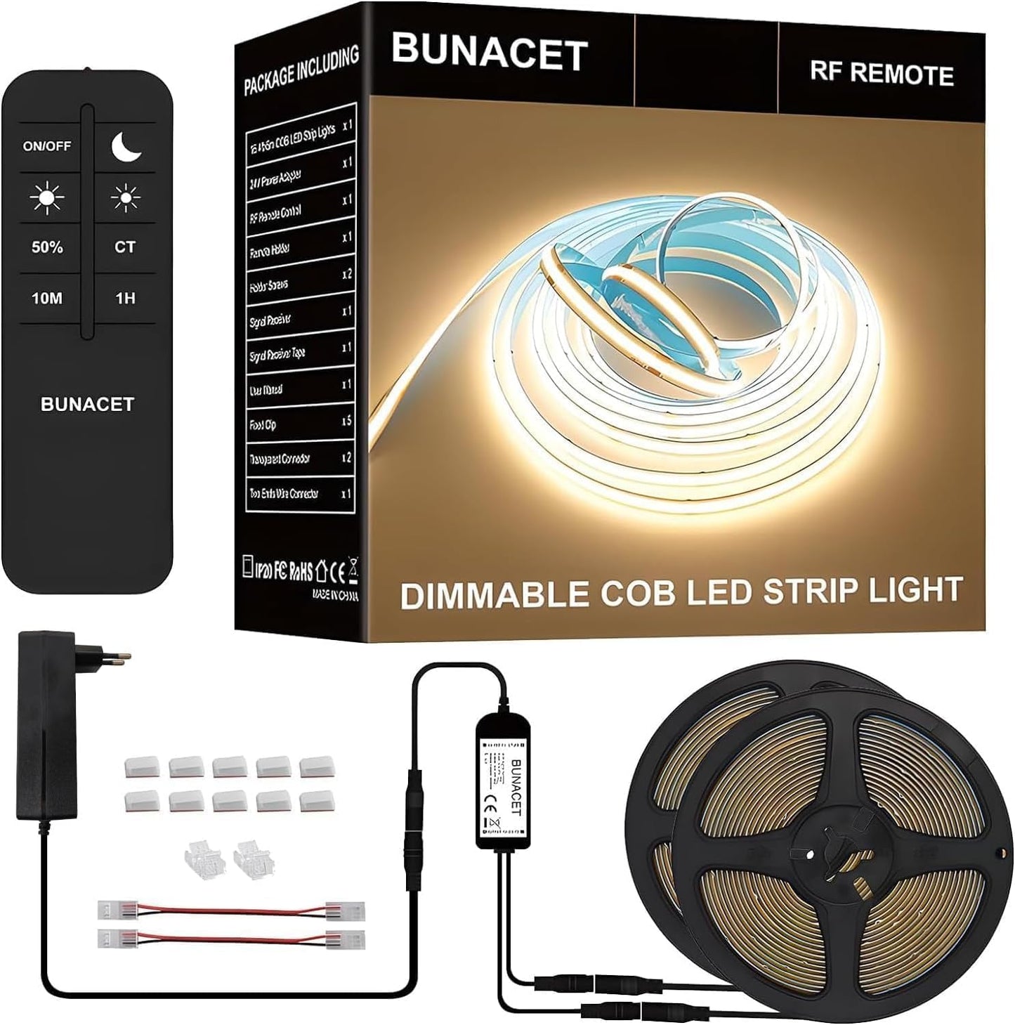 BUNACET COB RGB LED Strip 6M 24V Dimmbar, LED Streifen 3456 LEDs, Leiste Band Stripes Lichtband mit Netzteil RF Fernbedienung & APP Bluetooth für Küche Schlafzimmer Deko