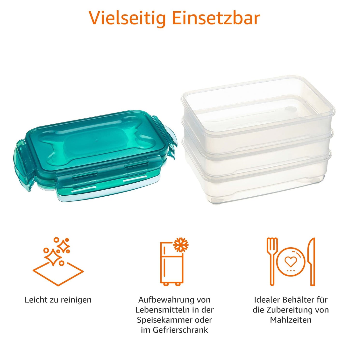 Amazon Basics Gefrierbehälter im Set, mit Deckel, luftdicht, auslaufsicher, stapelbar, für Kühlschrank/Gefriertruhe, BPA-frei, Kunststoff, mikrowellen- und spülmaschinenfest, 3 x 0.6 l, hellblau