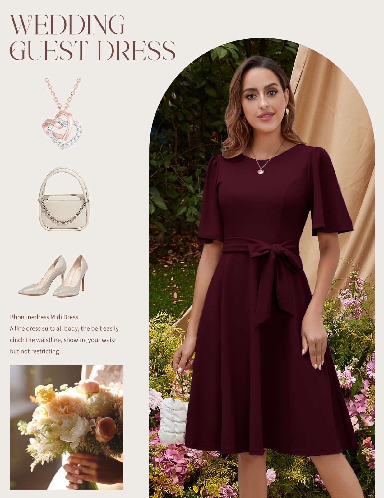Bbonlinedress Cocktailkleid Damen Kurzarm midilang festlichs Kleid mit Gürtel Abendkleider elegant für Hochzeit Partykleider