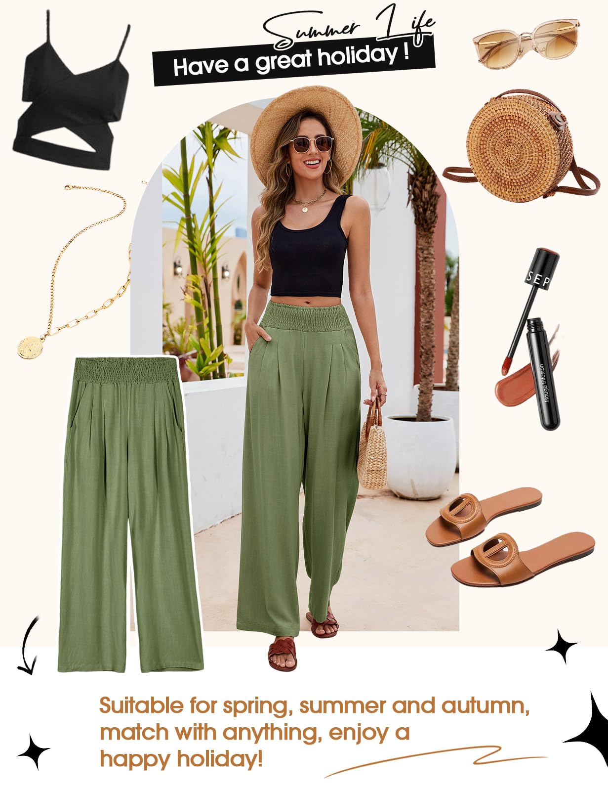 Niwicee Leinenhose Damen Sommer Baumwolle Leinen Hose High Waist Geradem Lose Casual Sommerhose mit Taschen Elastisch Hohe Taille Freizeithose Strandhose Lang Leichte