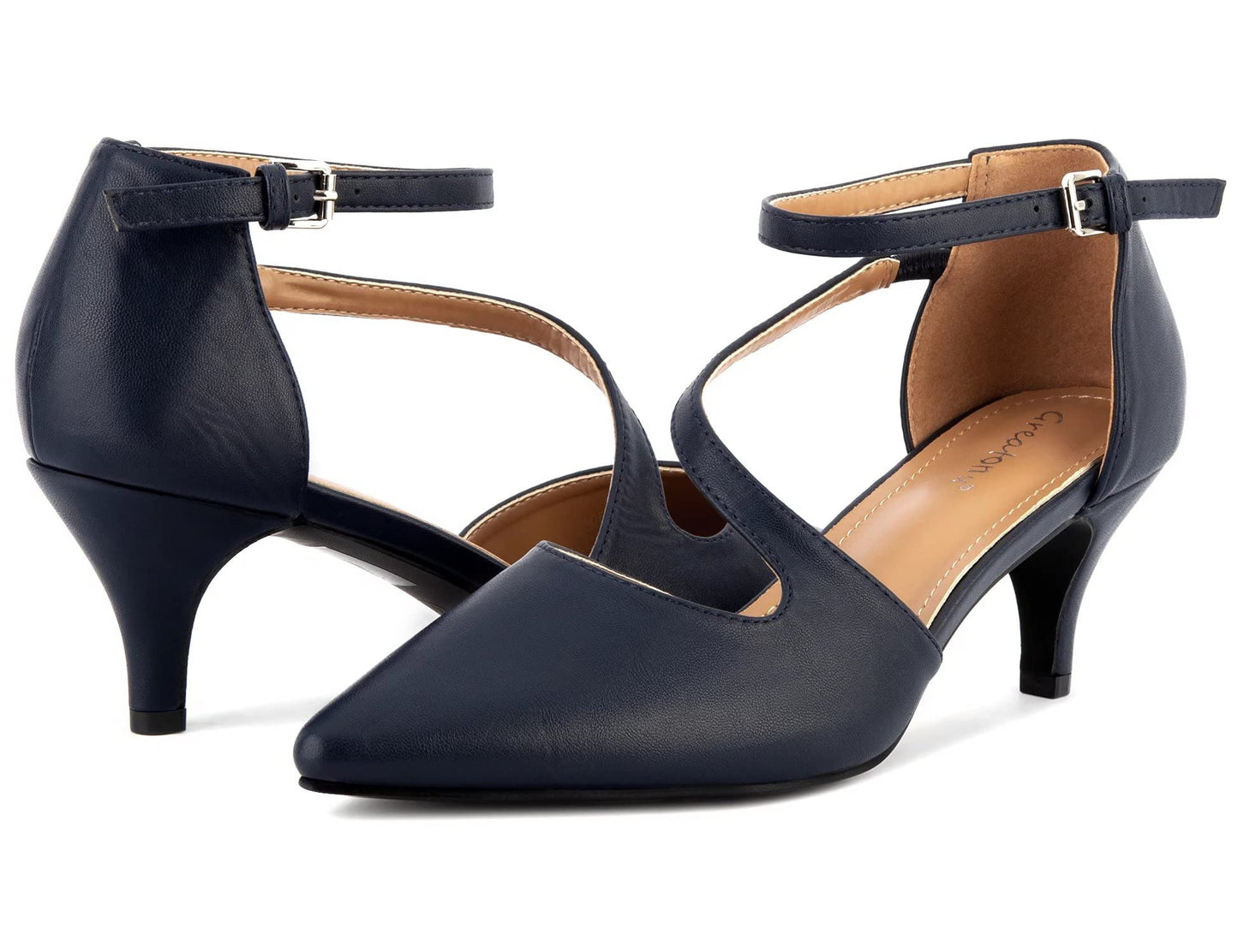 Greatonu Women's Pointed Toe Court Shoes with Ankle Strap and Kitten Heel