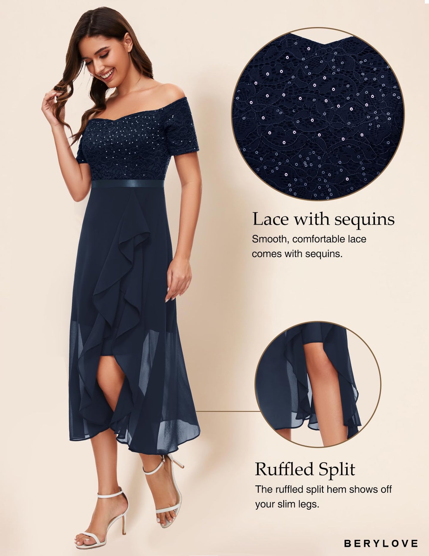 Berylove Abendkleid Damen Lang Glitzer Kleid Cocktailkleid Elegant für Hochzeit Off Shoulder Kleid Ballkleid