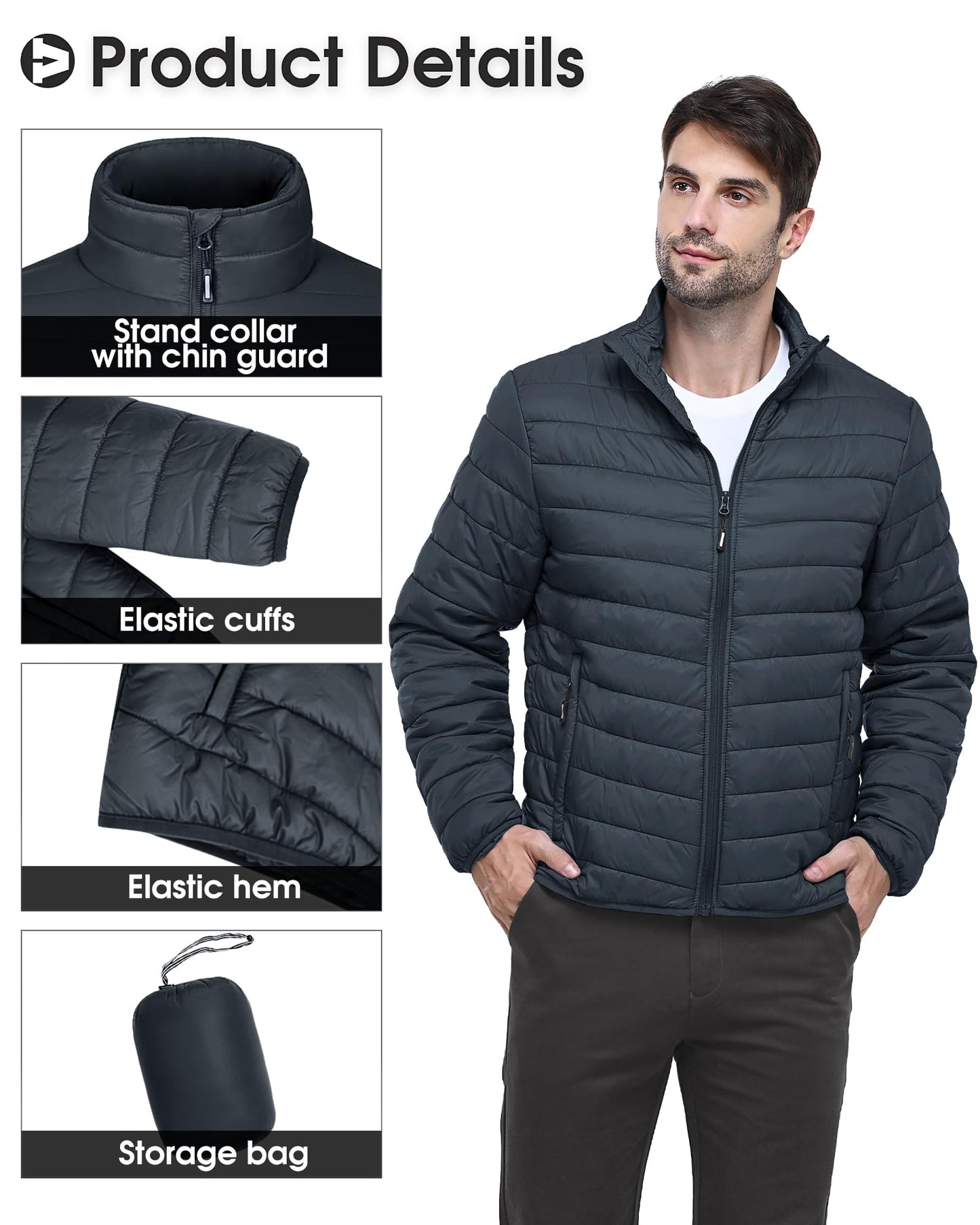 Outdoor Ventures Herren Steppjacke Packbare Leichte Warme Übergangsjacke Herren Wasserfeste Pufferjacke mit 3 Taschen für Outdoor Casual Wandern