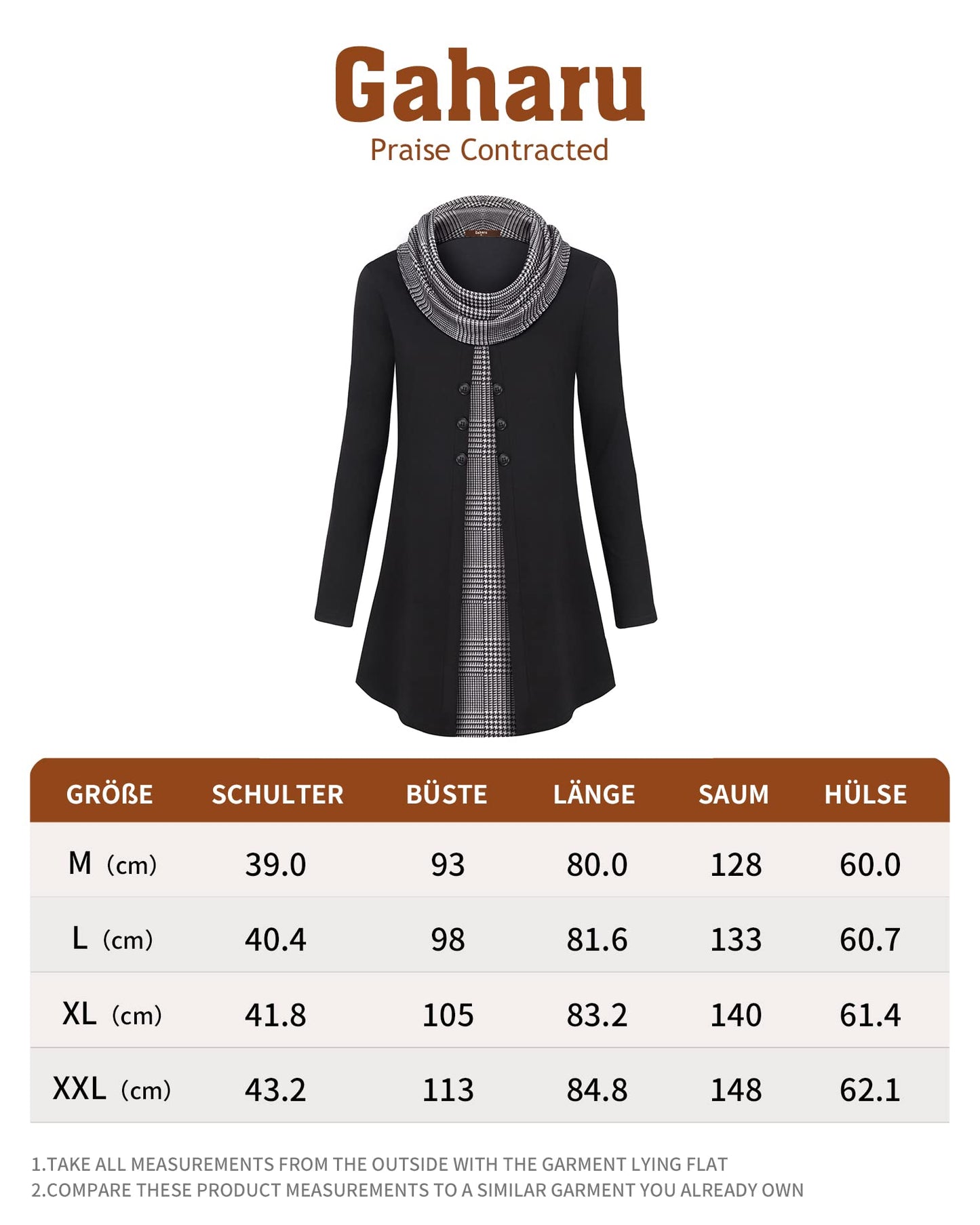 Gaharu Damen Tunika Langarm Elegant Pullover Lang Sweatshirt Schalkragen Patchwork Pulli
