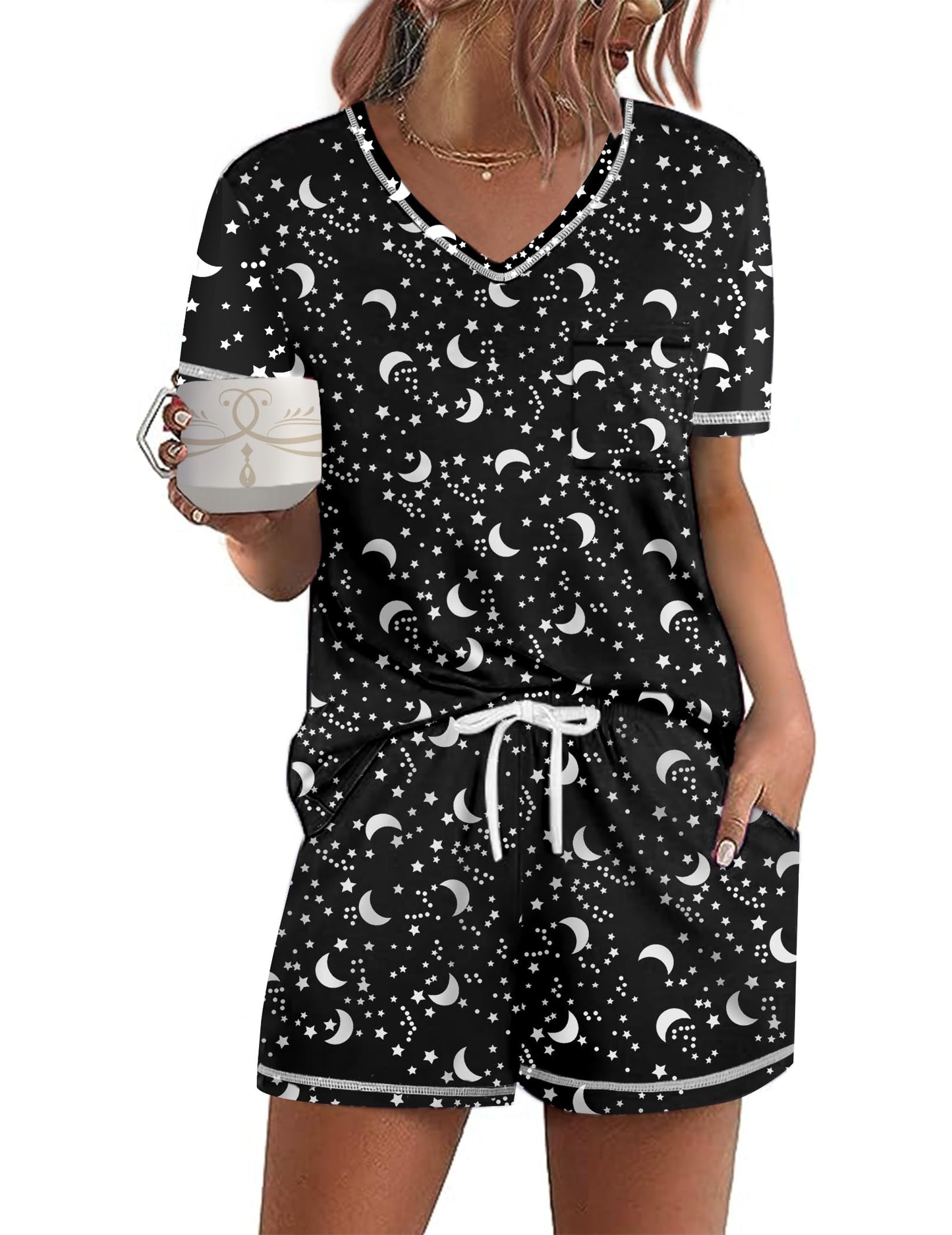 Ekouaer Schlafanzug Damen Kurz Pyjama Set Kurzarm Sommer Nachtwäsche Gedruckt with Taschen S-XXL