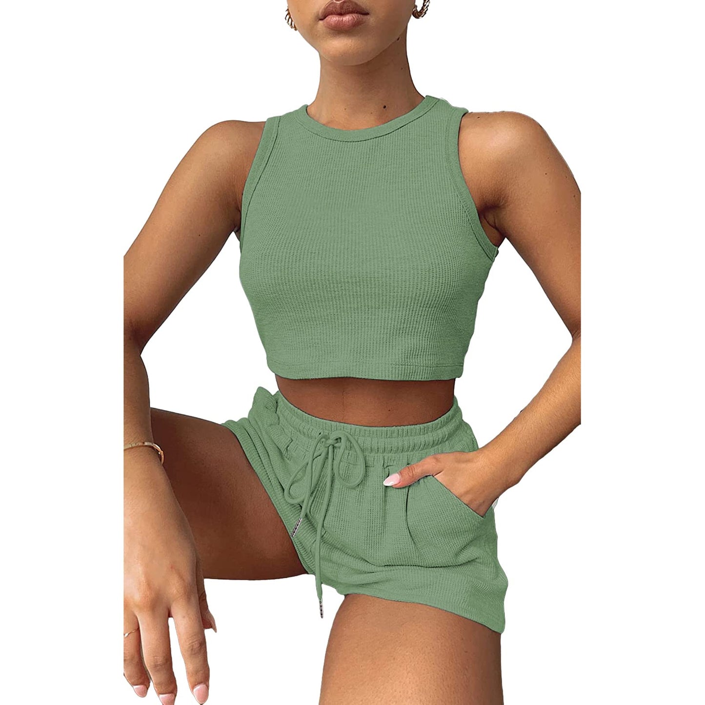Geagodelia Damen Zweiteiler Sommer Hosenanzug Elegant Outfits Kleidung 2 Teiler Set Crop Tank Top + Shorts Y2k Aesthetic Clothes Workout Sport Anzug
