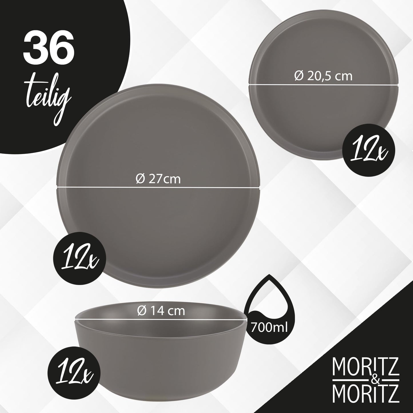 Moritz & Moritz NORDIC Geschirrset 6 Personen 18-teilig Taupe - Elegantes Teller Set aus hochwertigem Steinzeug - Geschirr Set aus 6x Dinnerteller, 6x Dessertteller, 6x Suppenteller