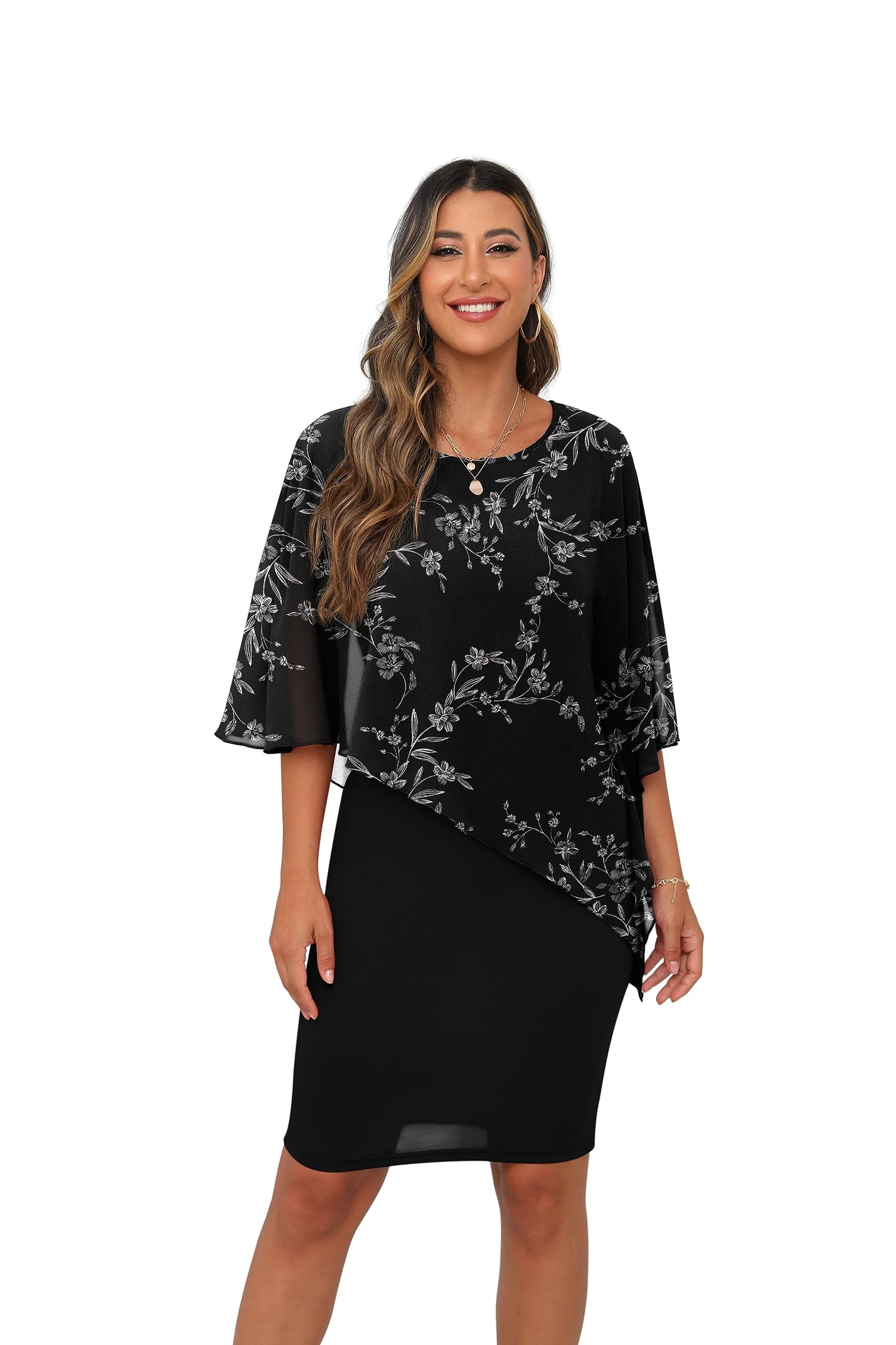 QIXING Damen Chiffon Cape Cocktialkleid Rundhals Ausschnitt Bleistiftkleid Sommerkleid Damen Knielang Elegant Abendkleid Mit Overlay Casual Bodycon Kleider
