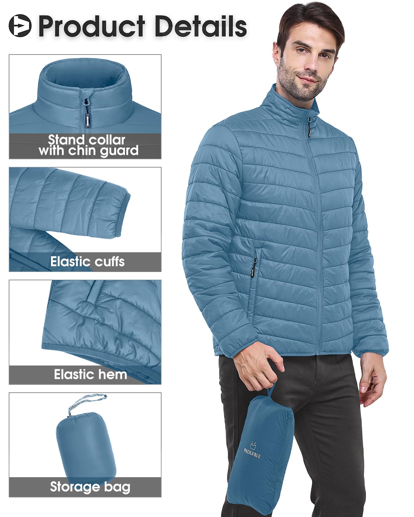 Outdoor Ventures Herren Steppjacke Packbare Leichte Warme Übergangsjacke Herren Wasserfeste Pufferjacke mit 3 Taschen für Outdoor Casual Wandern