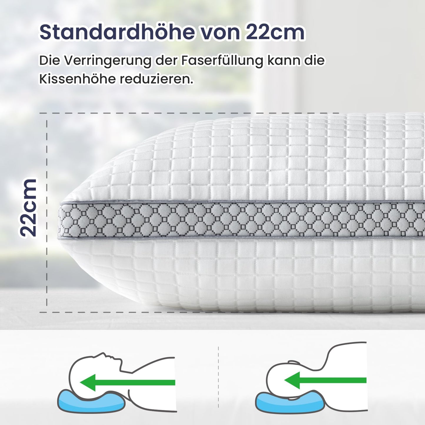 BedStory kopfkissen 40x80,Verstellbare Faserfüllung Kissen mit reißverschluss, Hotel Kissen 2er Set aus 950g x 2 mikrofaser, Waschbares nackenkissen für Allergiker, Seitenschläfer und Rückenschläfer